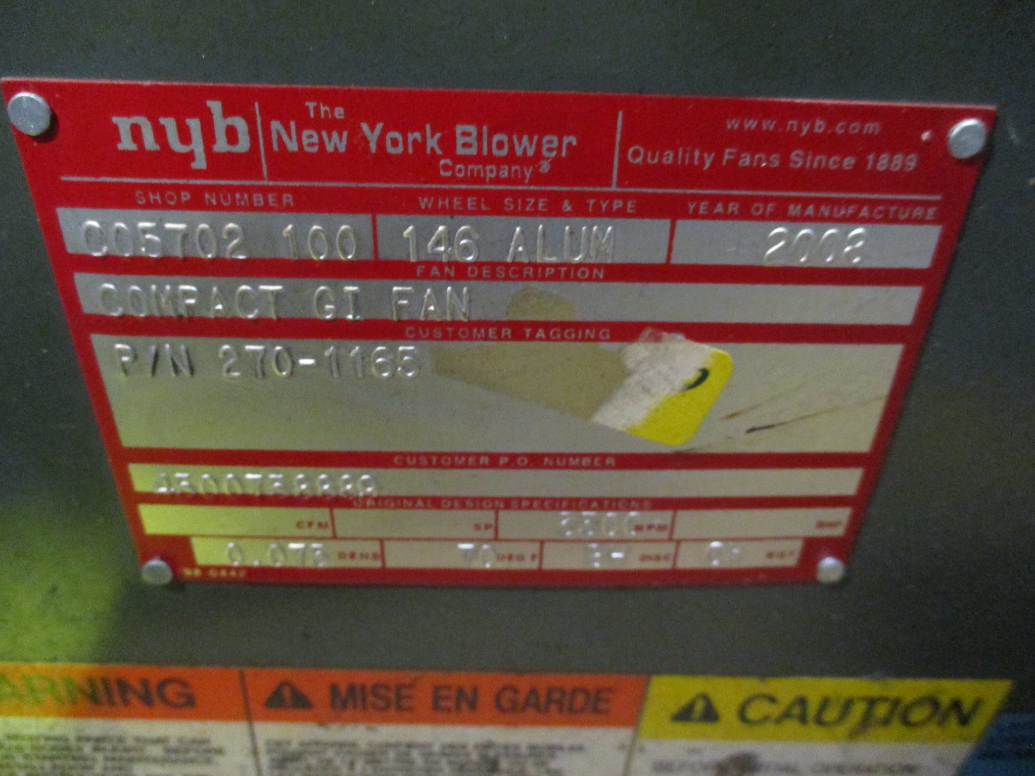 NYB Blower 270-1165 5HP 3500RPM 208-230/460V 3Ph 60Hz Used