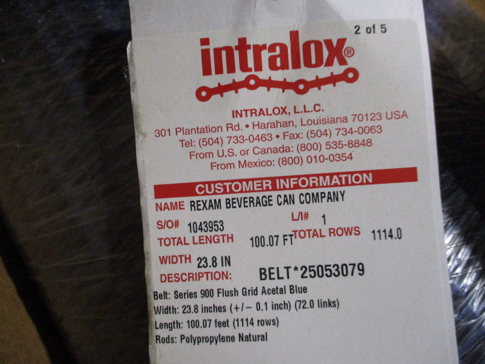 Intralox Series 900 Flush Grid Belt 25053079 Width: 23.8 in Length: 100.07ft