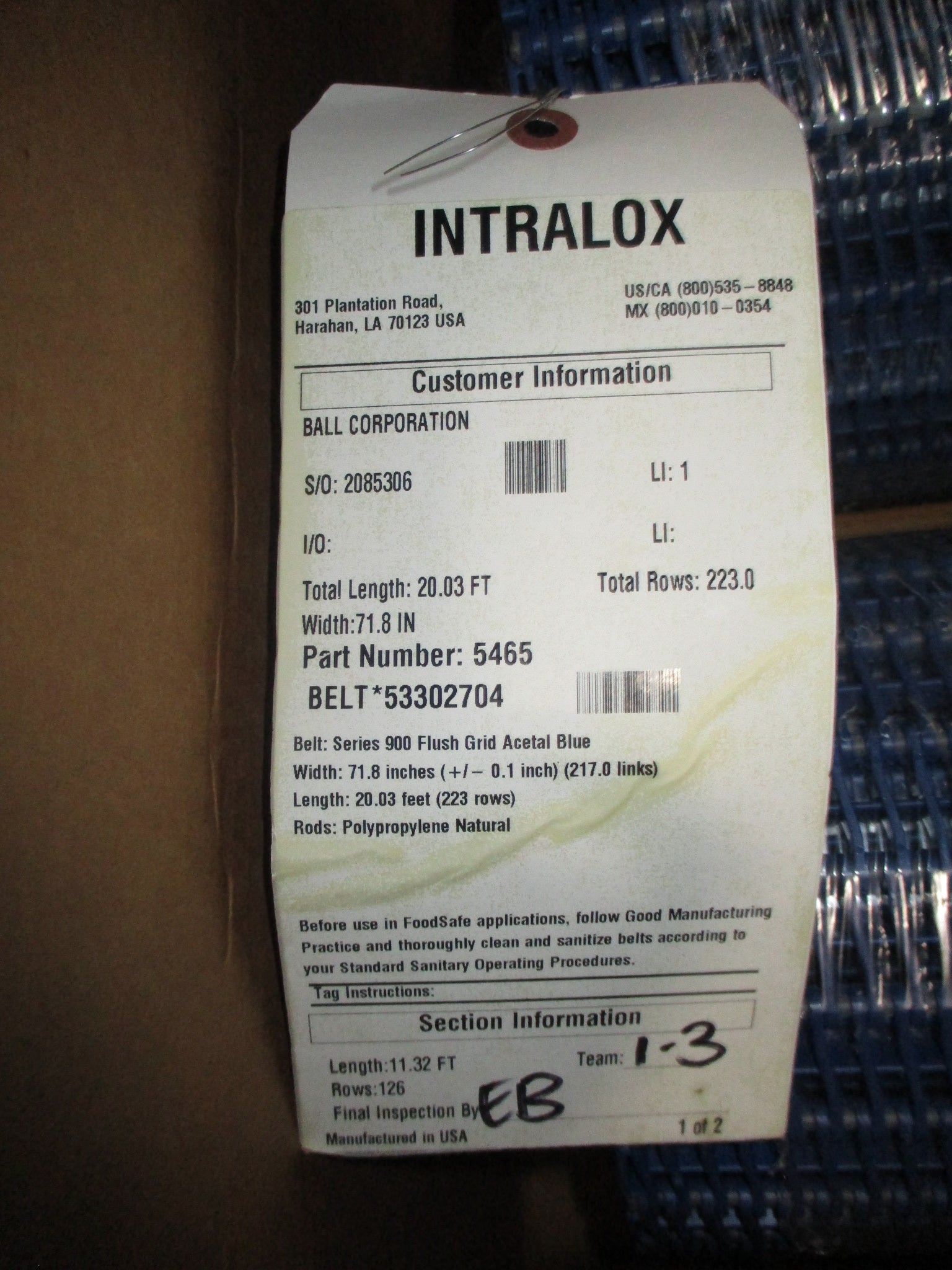 Intralox Series 900 Flush Grid Belt 5465/53302704 Width: 71.8in Length: 20.03ft