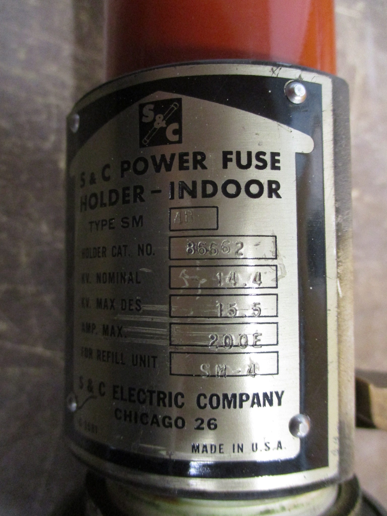 S&C Type SM-4B Fuse Holder 86662 14.4kV 200E Max 175E Refill Used