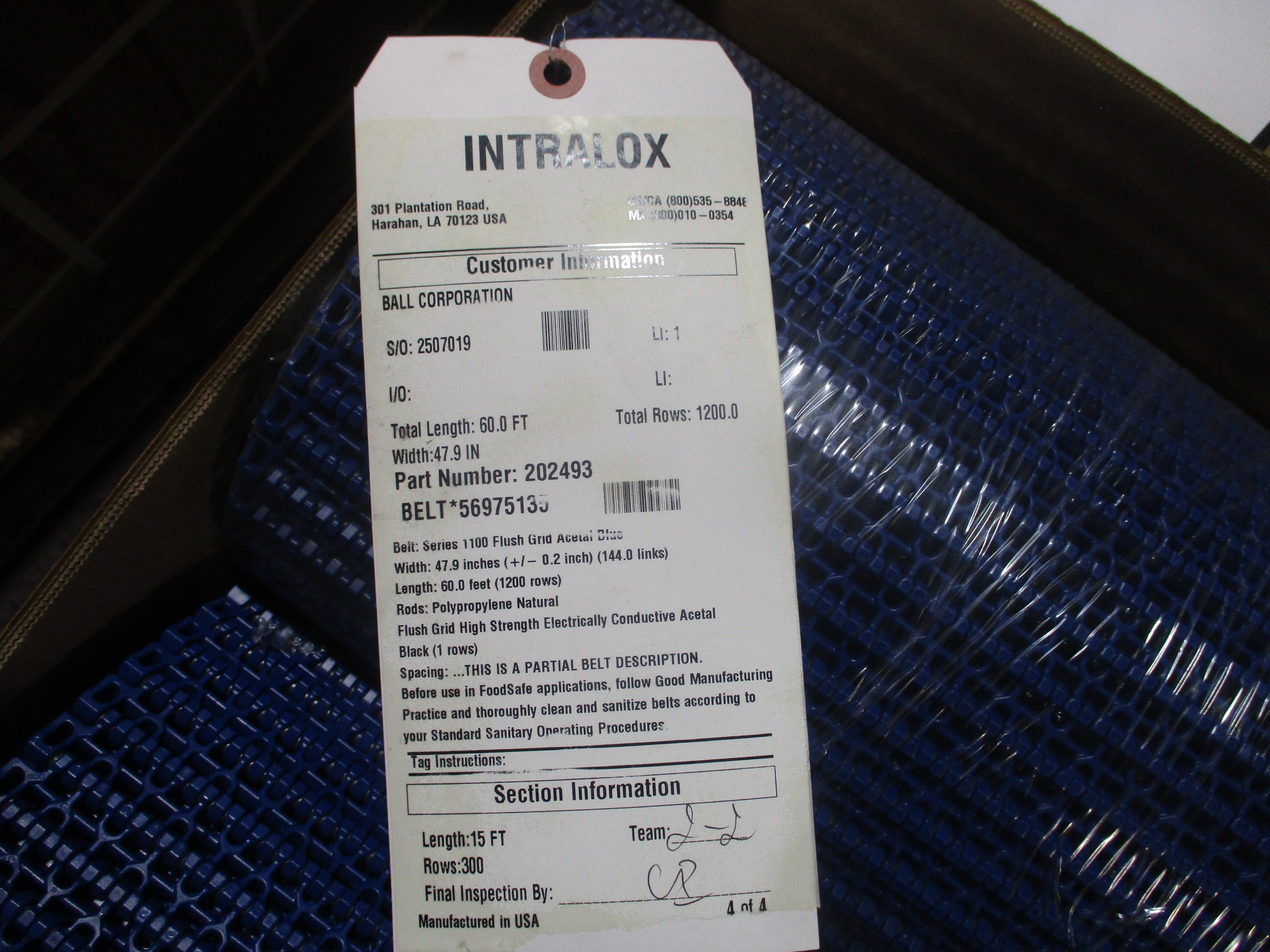 Intralox Series 1100 Flush Grid Belt 202493 / 56975135 Width: 47.9in Length: 60.0ft Acetal Blue New Surplus
