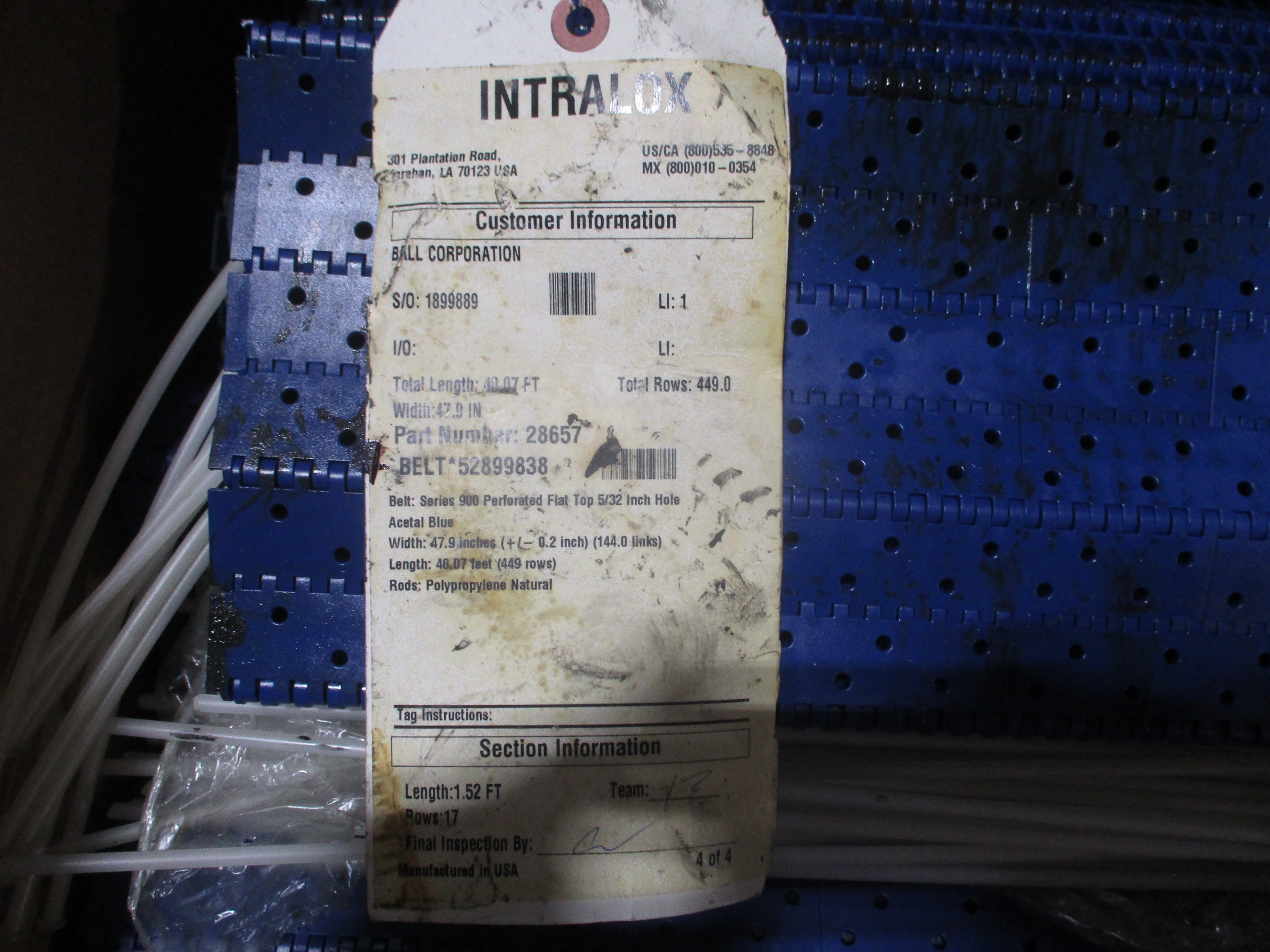 Intralox Series 900 Perforated Flat Top Belt 28657 Width: 47.9in Length: 40.07ft