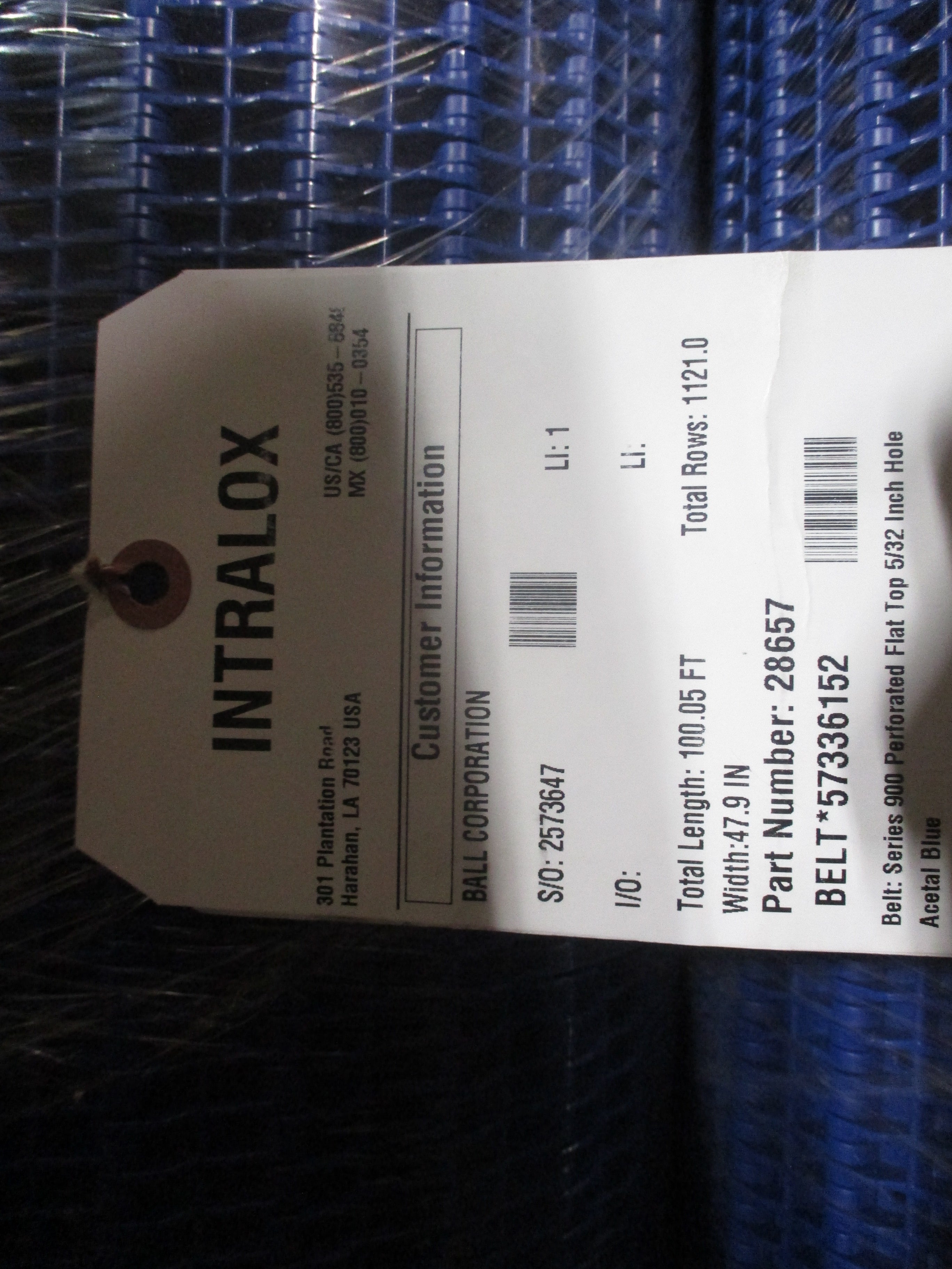 Intralox Series 900 Perforated Flat Top Belt 28657 Width: 47.9in Length: 100ft Acetal Blue New Surplus