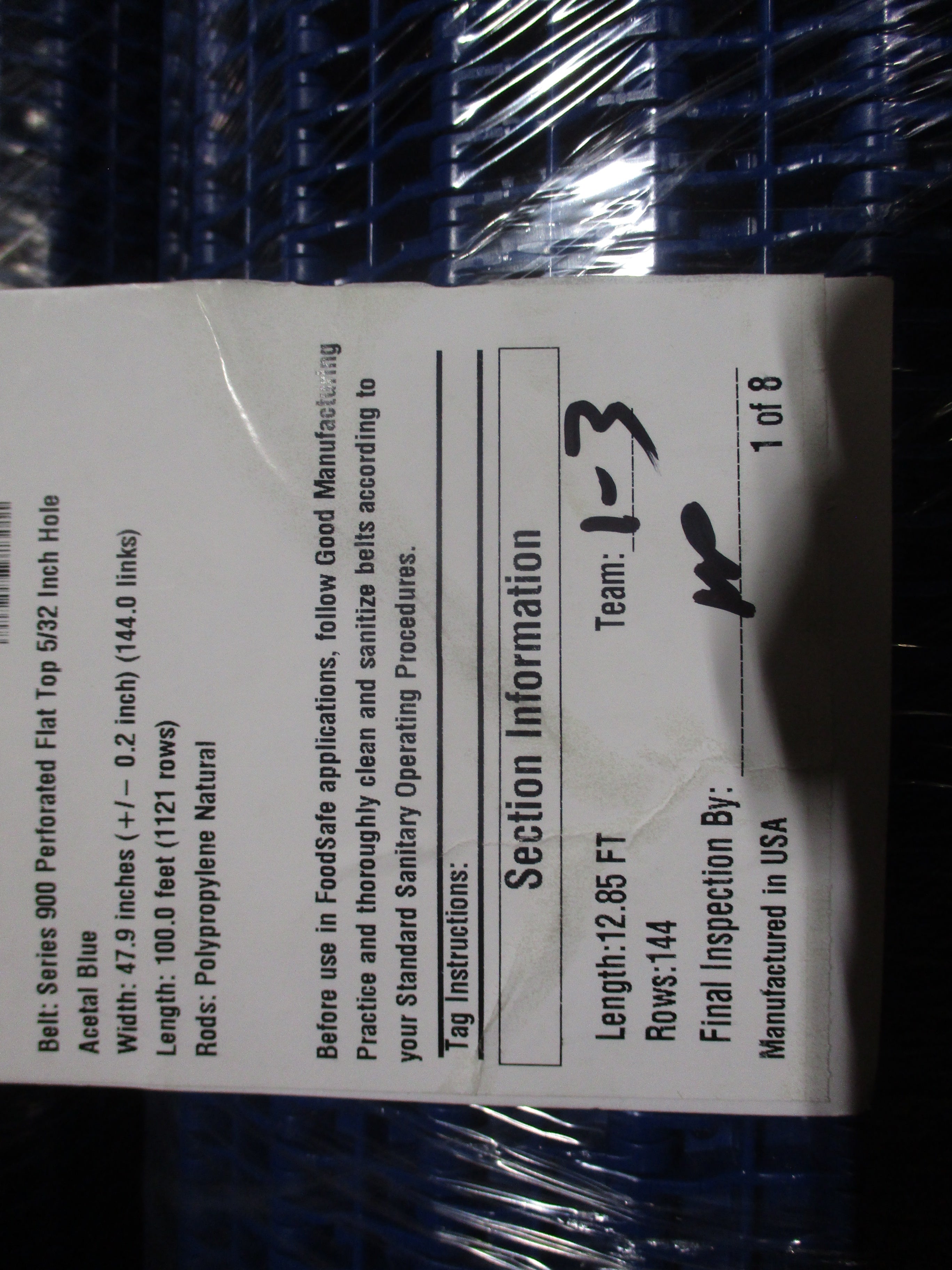 Intralox Series 900 Perforated Flat Top Belt 28657 Width: 47.9in Length: 100ft Acetal Blue New Surplus