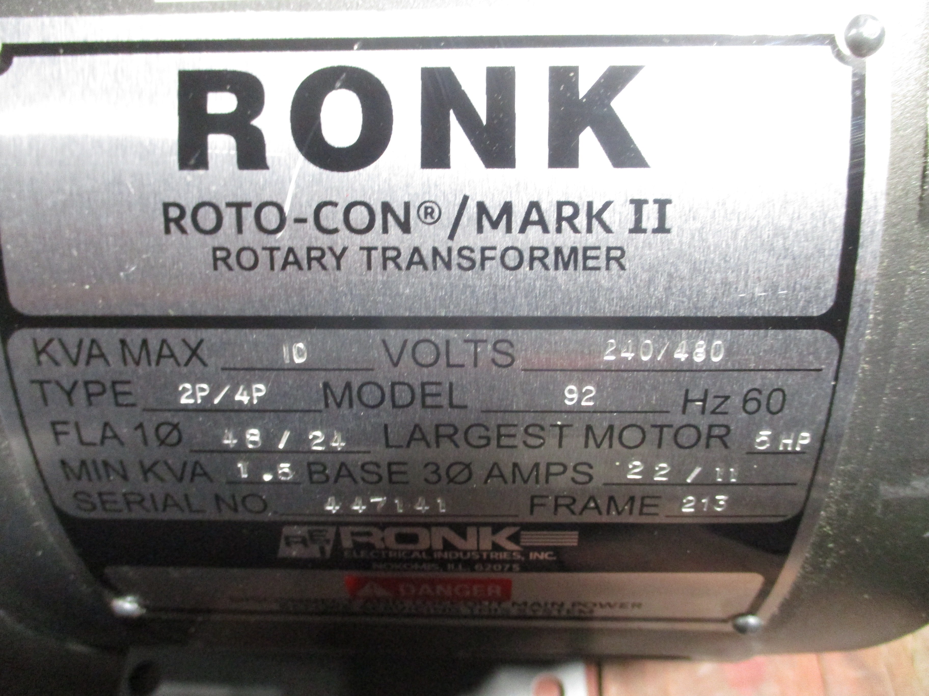 Ronk Roto-Con Mark II Type 2P Rotary Converter Model 92 10kVA 5HP Max Used
