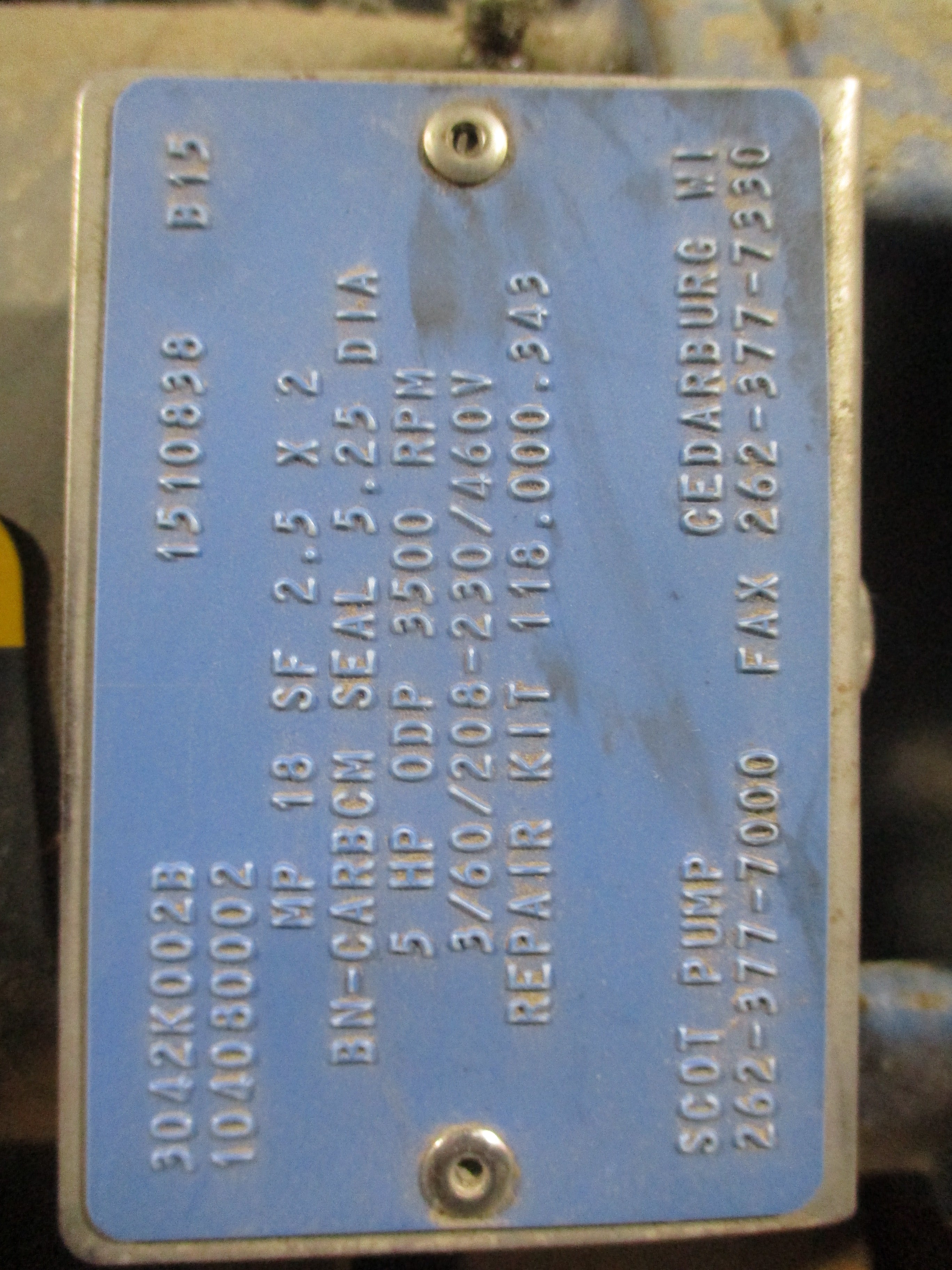 Scot Pump Pump 3042K002B 5HP 3500RPM 208-230/460V 3Ph 60Hz Used