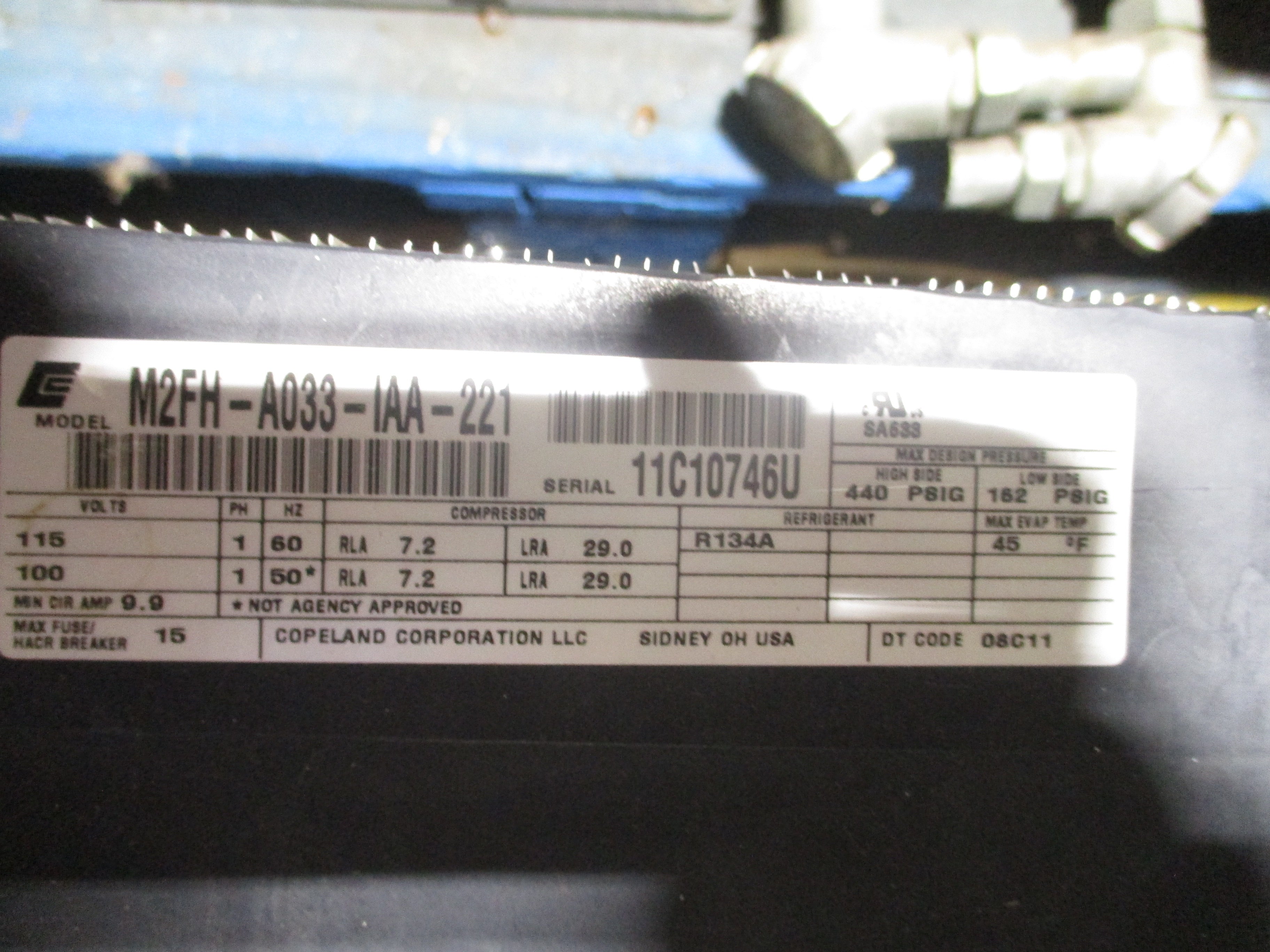 Copeland Redi-Purge Unit M2FH-A033-IAA-221 115V 1P 60Hz 162 PSIG Low Side 440 PSIG High Side PRG-11/123-C3 Control Unit Used