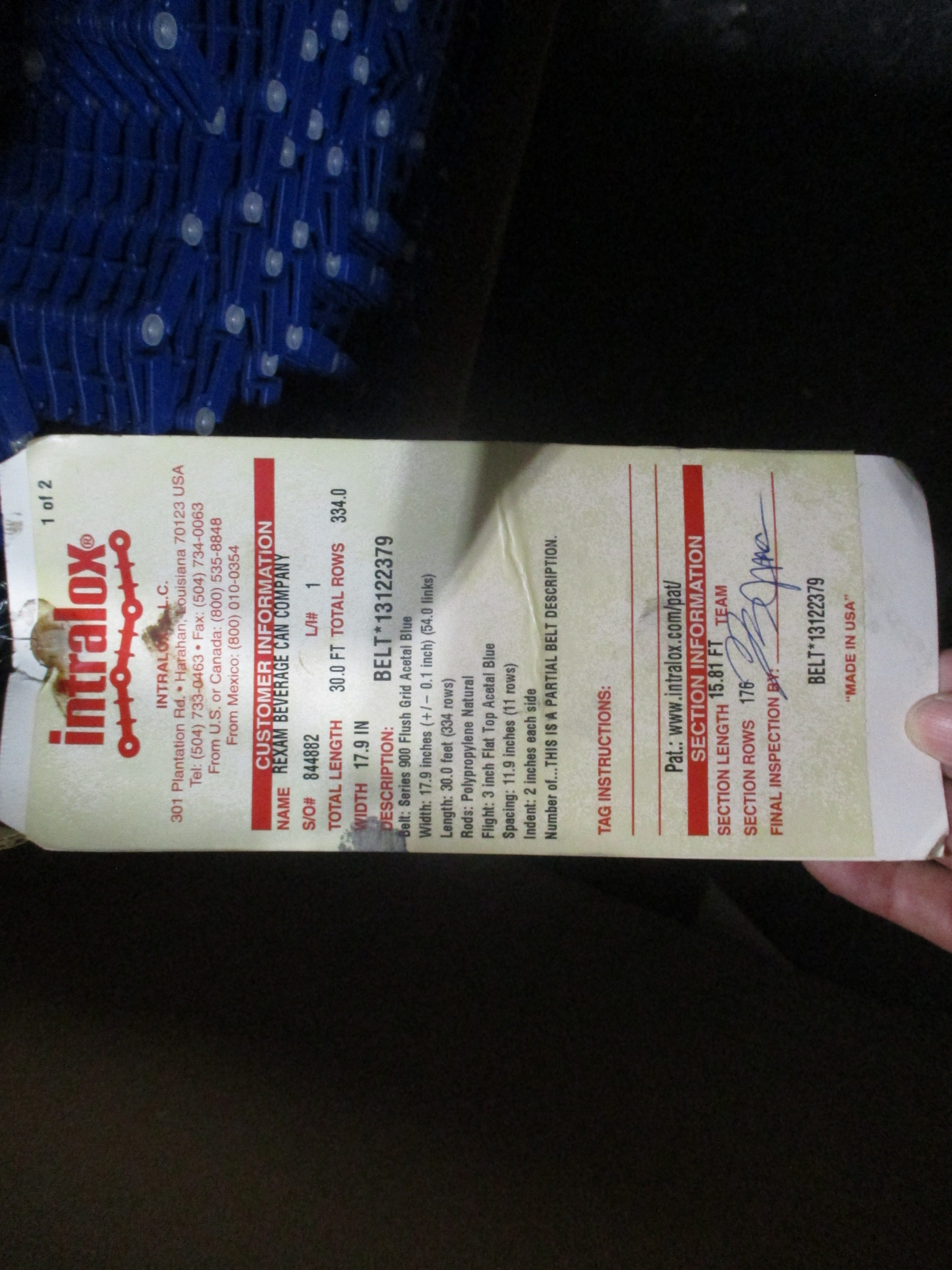 Intralox Series 900 Flush Grid Belt 31322379 Width: 17.9in Length: 30ft Acetal B