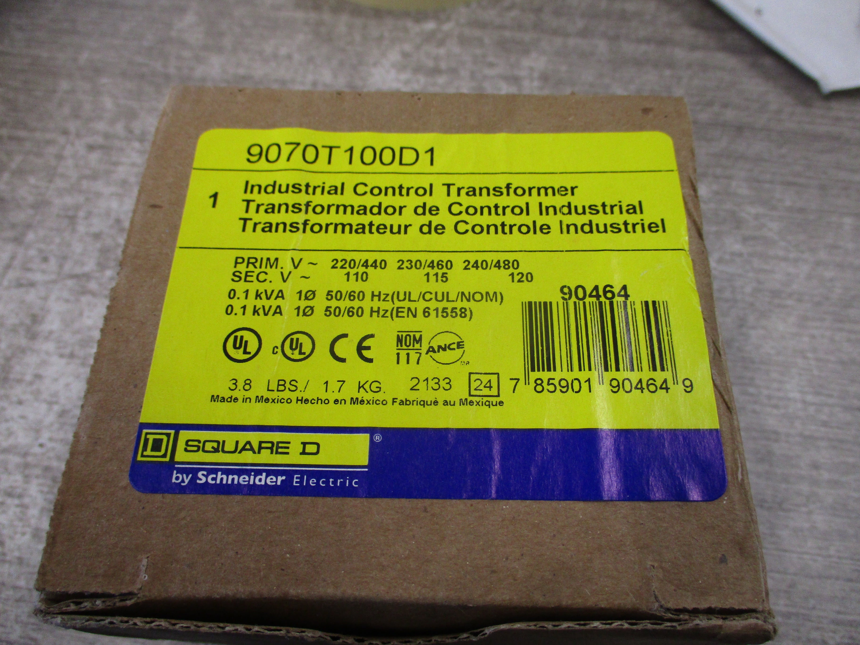 Square D Control Transformer 9070T100D1 0.1kVA Pri: 240/480V Sec: 120V 1Ph 50/60Hz New Surplus