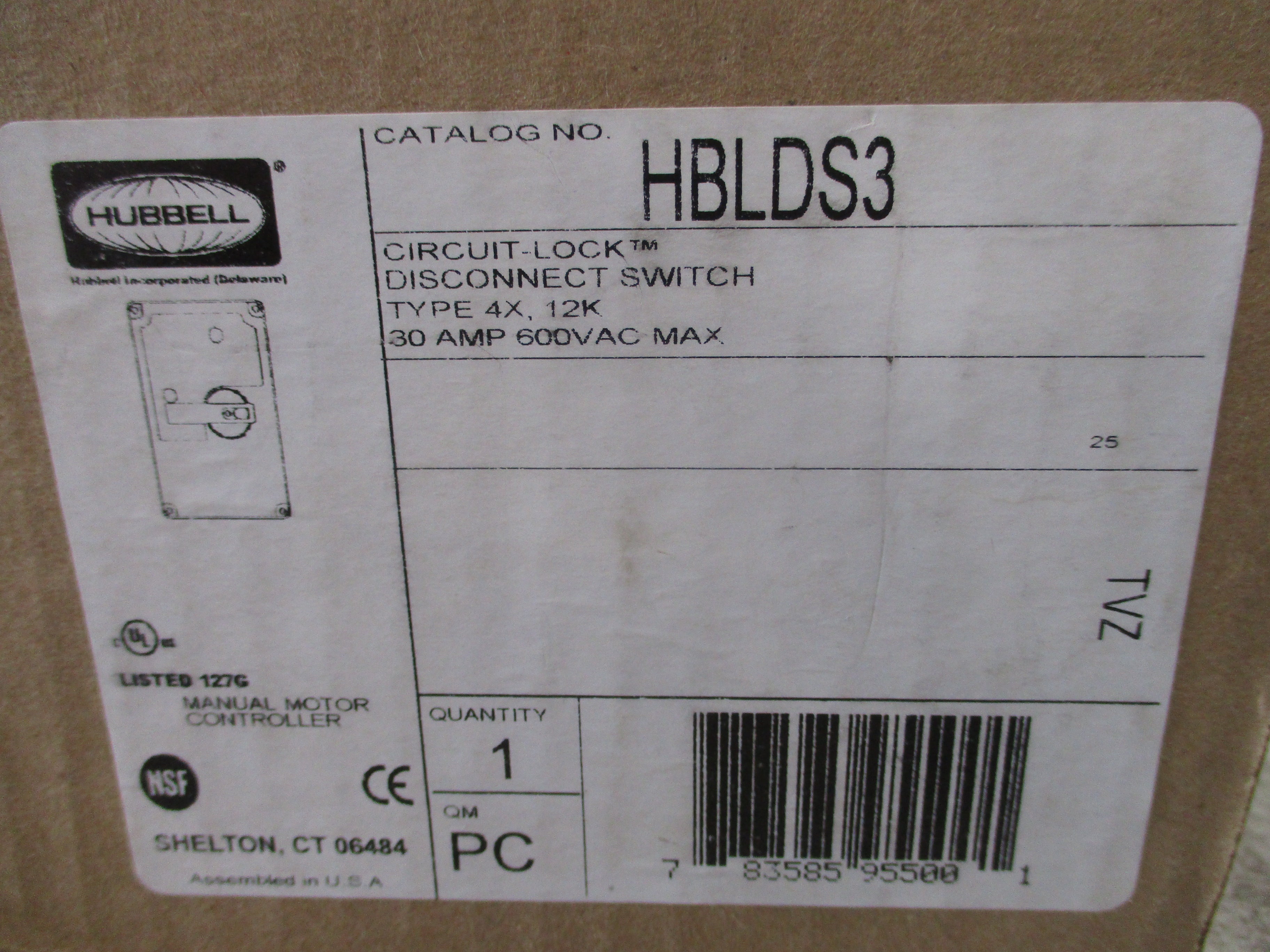 Hubbell Circuit-Lock Disconnect Switch HBLDS3 30A 600V Type 4X, 12K Enclosure New Surplus