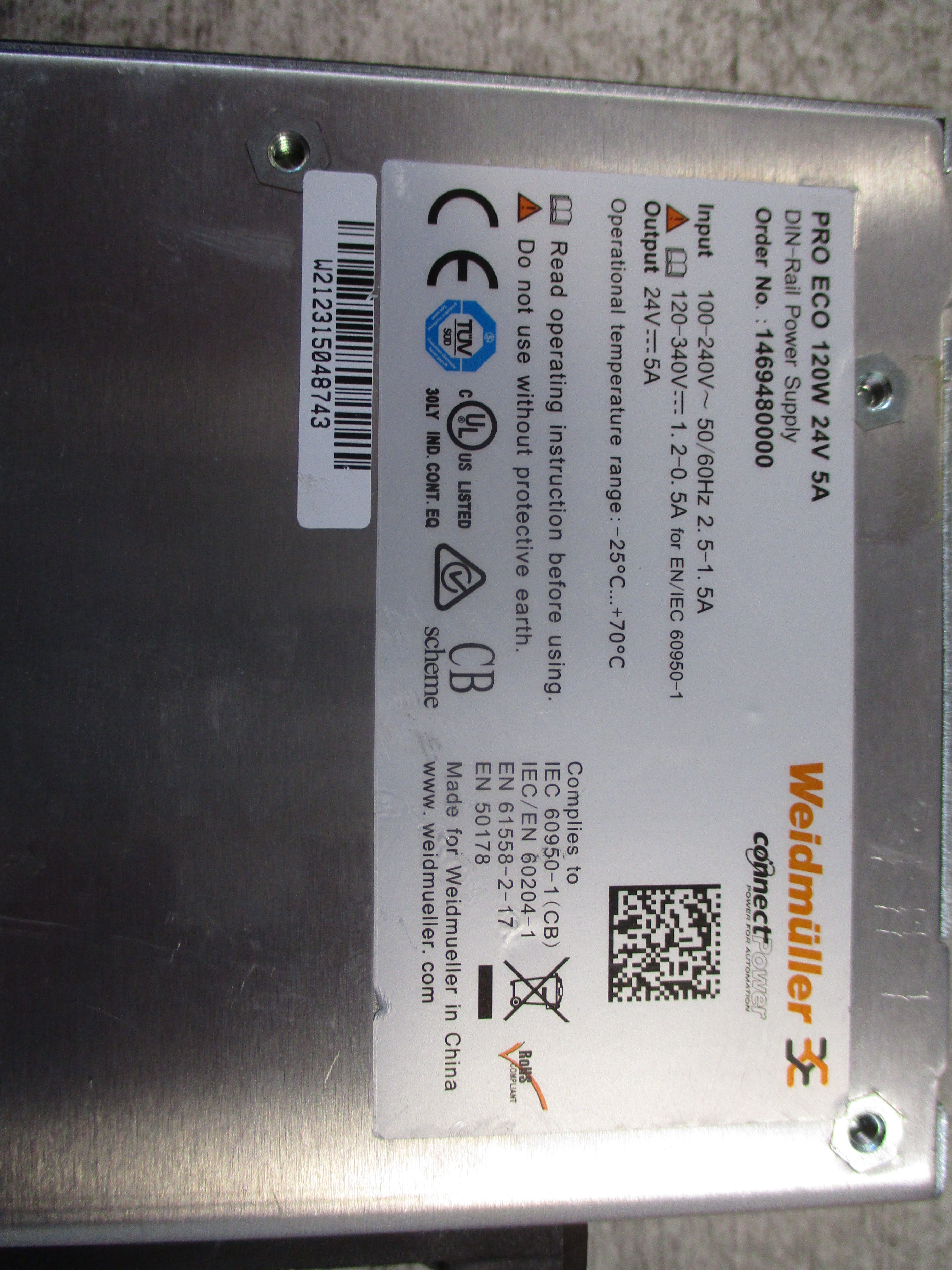 Weidmuller Pro Eco Power Supply 1469480000 120W Input:100-240V / 50/60Hz / 2.5-1.5A Output: 24V / 5A Used