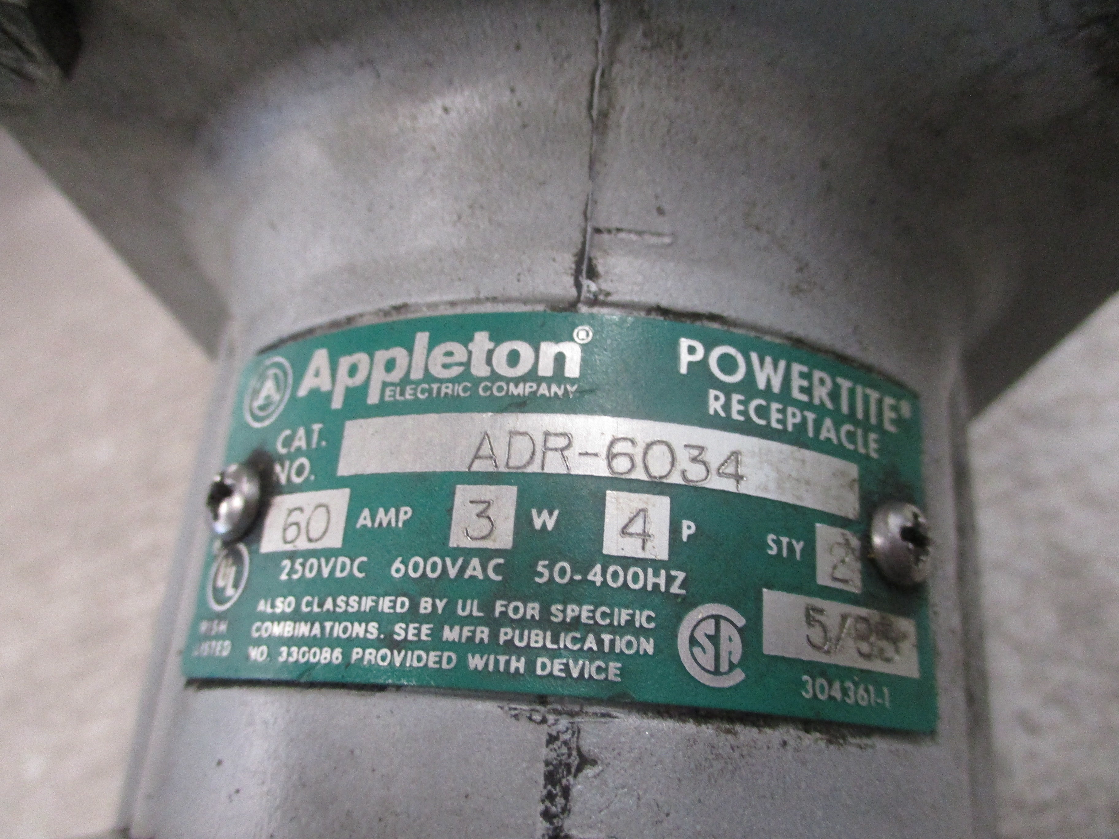 Appleton Powertite Receptacle ADR-6034 60A 600V 3W 4P W/Base *Broken Cover* Used