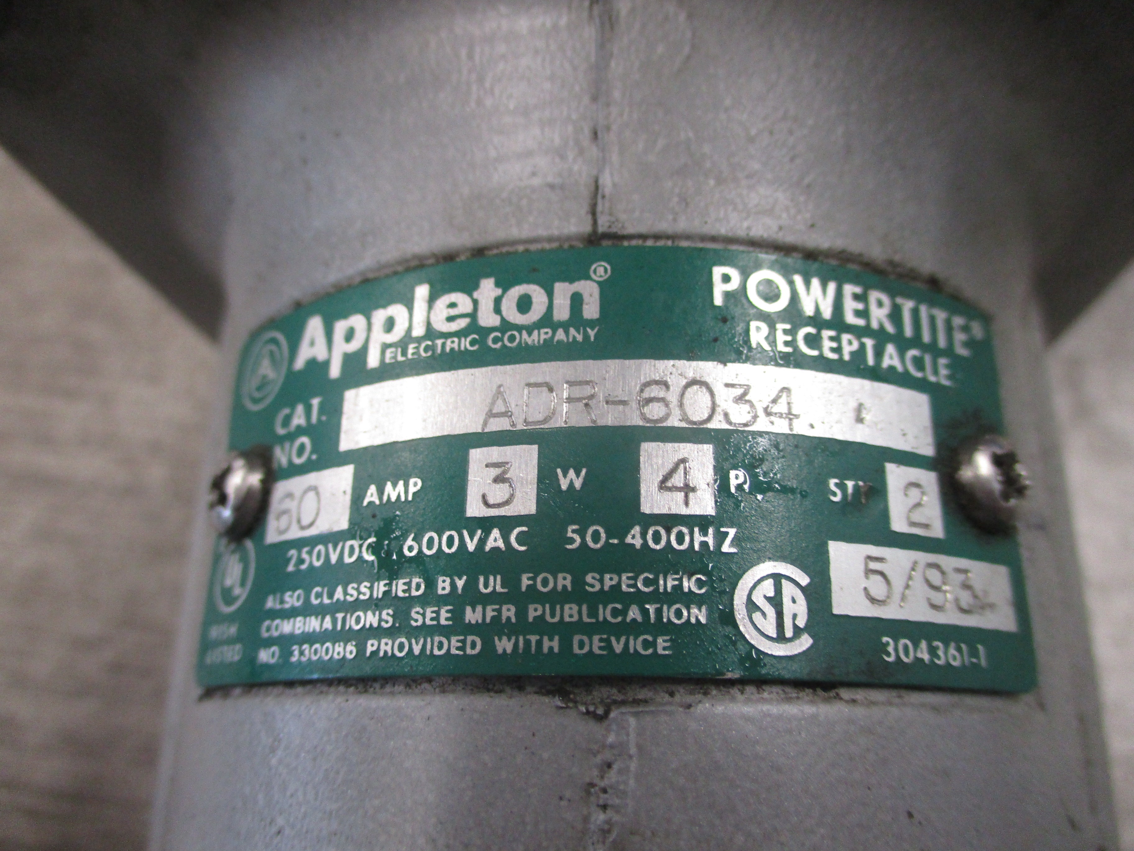 Appleton Powertite Receptacle ADR-6034 60A 600V 3W 4P W/Base *No Cover* Used