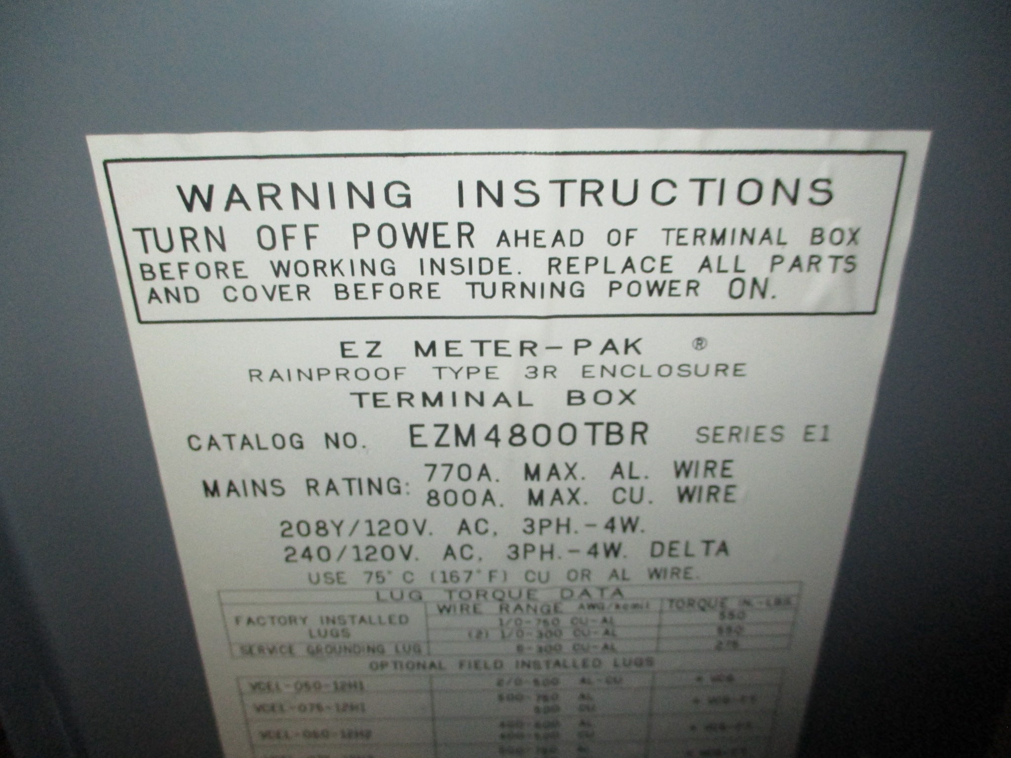 Square D 3R EZM Meter Center w/ Terminal Box EZM743200R / EZM4800TBR Used