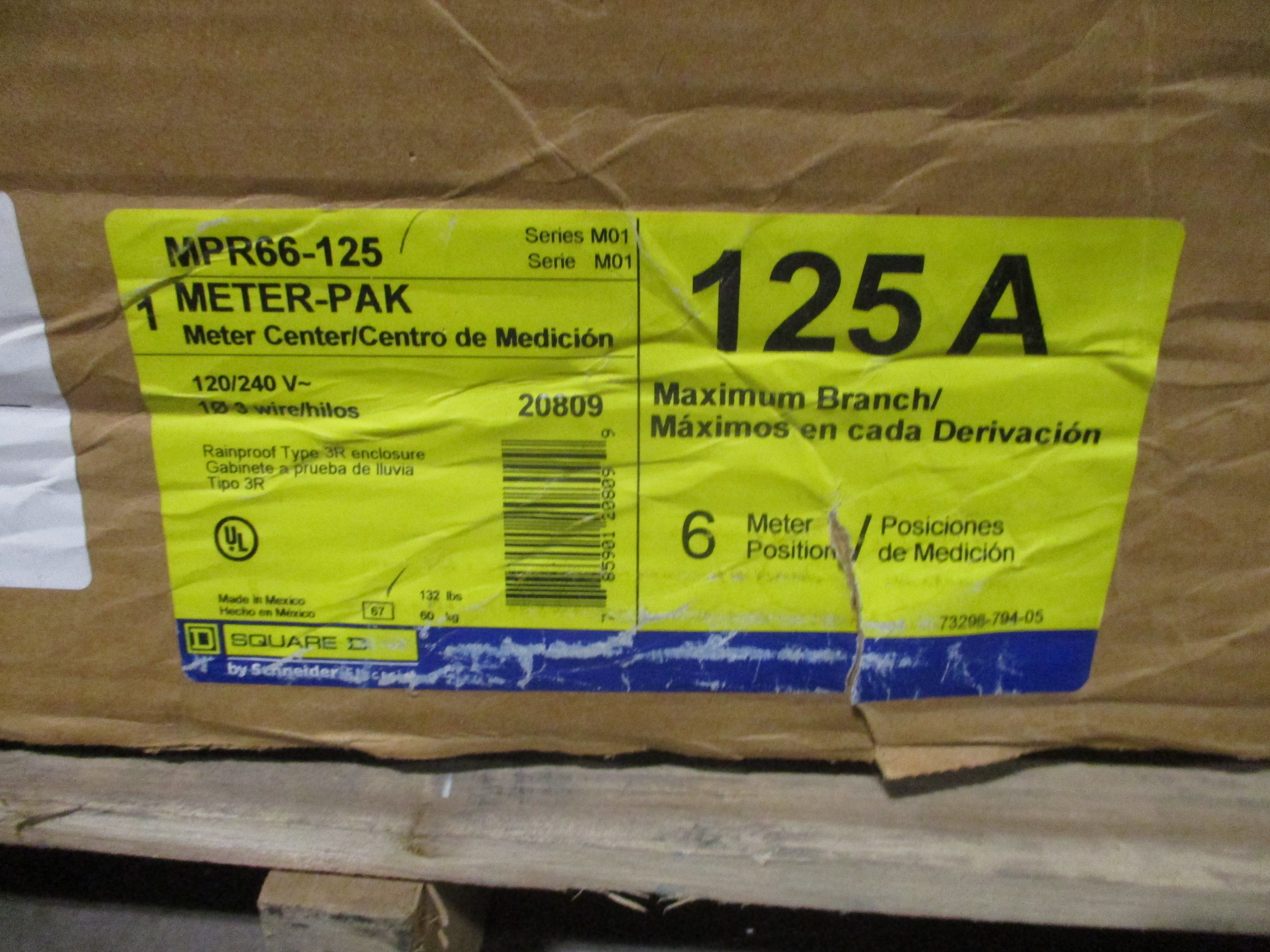 Square D Meter-Pak Meter Center MPR66-125 Ser. M01 125A 120/240V 1Ph 3W 6-Position 3R Enclosure New Surplus