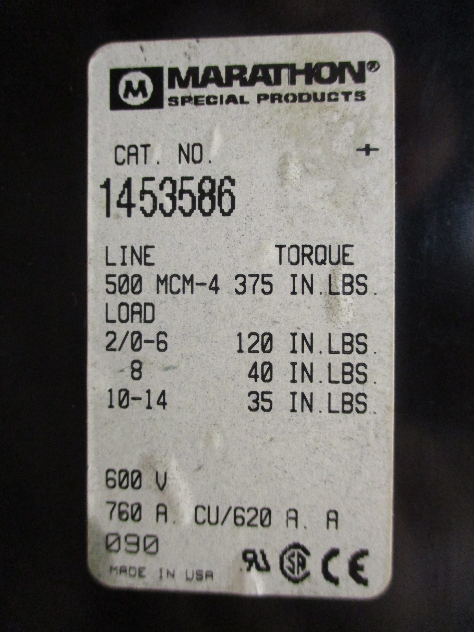Marathon Power Distribution Block 1453586 760A 600V 3P Line: 500MCM-4 Used
