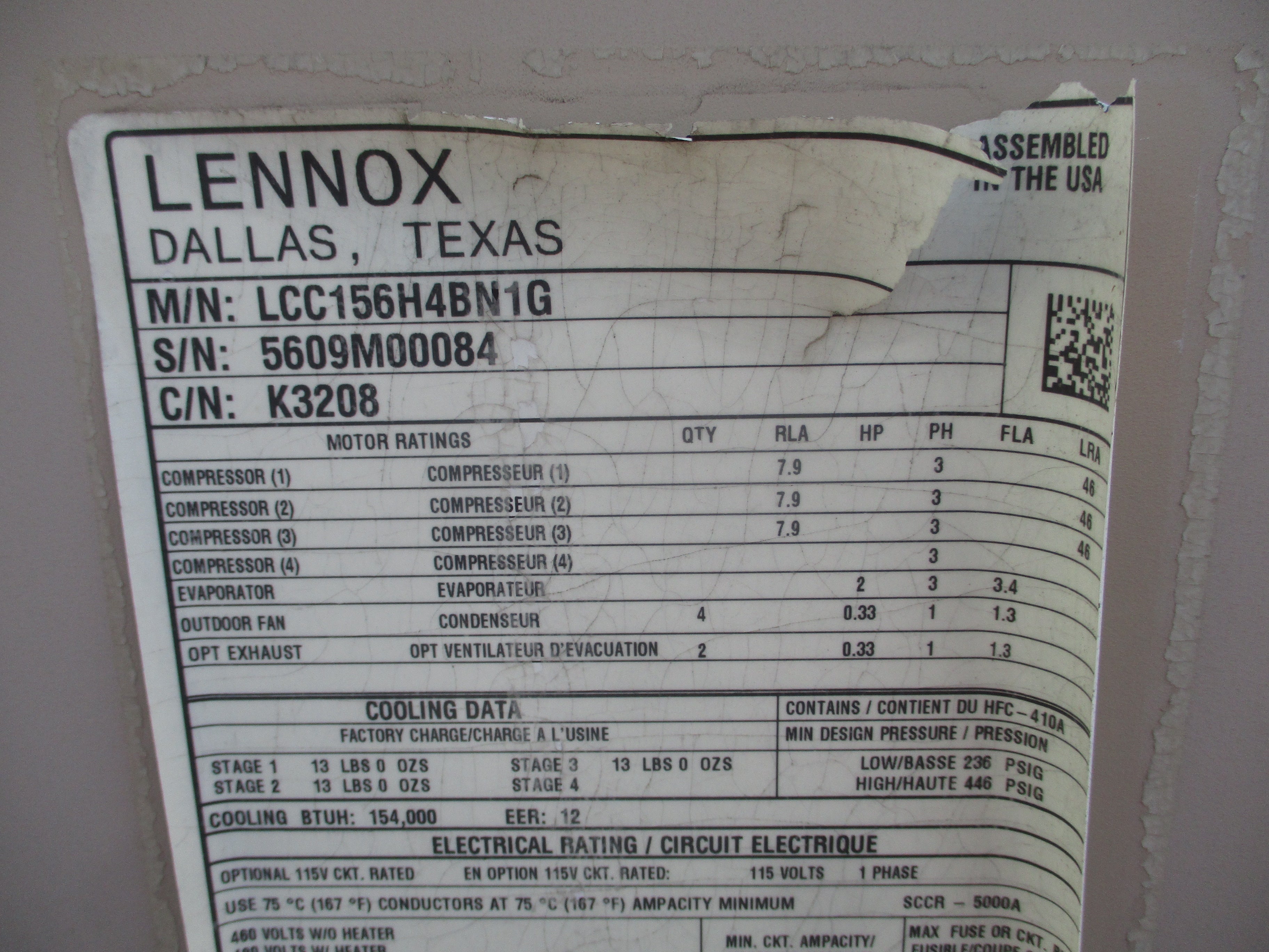 Lennox Rooftop Unit LLC156H4BN1G 12.5 Ton 115V 46 KW R410A 2009 MFD Electric * No Heat * Used