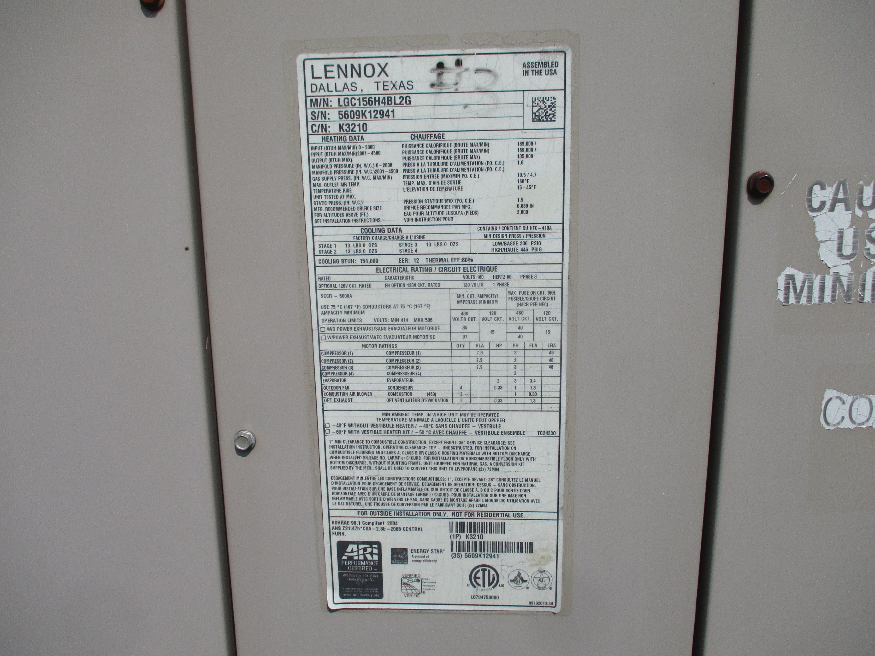 Lennox Rooftop Unit LGC156H4BL2G 12.5 Ton 460V 46KW 169.000 BTU R410A 2009 MFD Natural Gas Heat Used