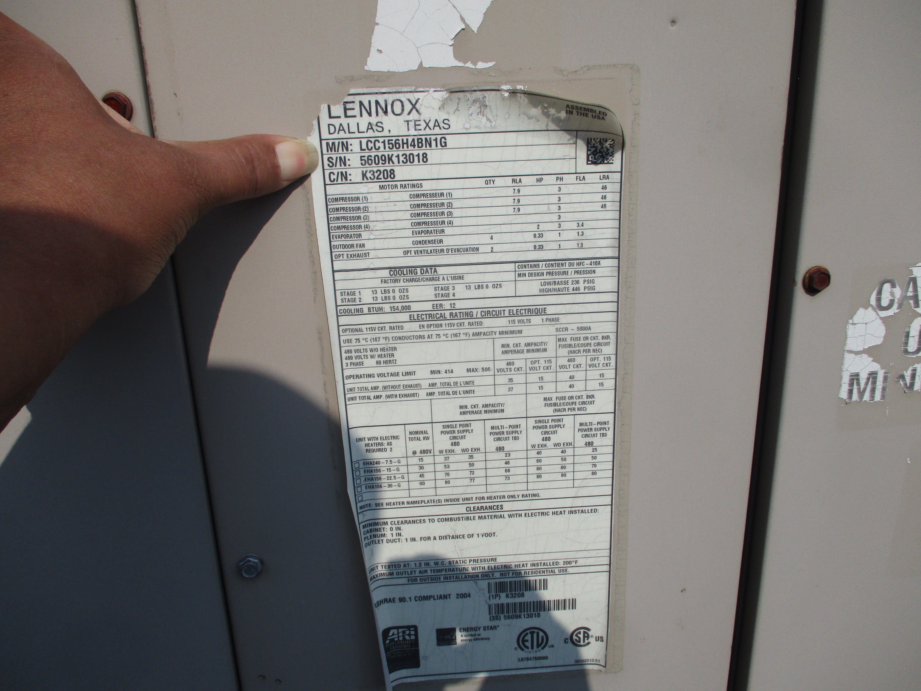 Lennox Rooftop Unit LLC156H4BN1G 12.5 Ton 115V 46 KW R410A 2009 MFD Electric * No Heat * Used