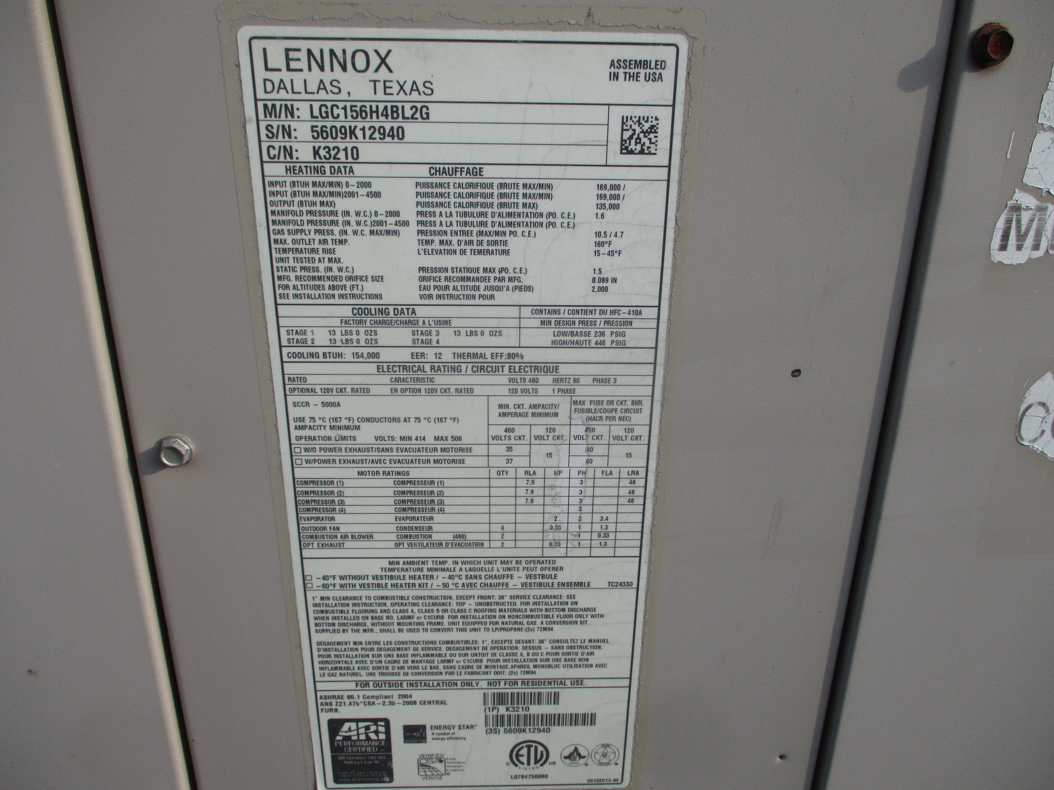 Lennox Rooftop Unit LGC156H4BL2G 12.5 Ton 460V 46KW 169.000 BTU R410A 2009 MFD Natural Gas Heat Used