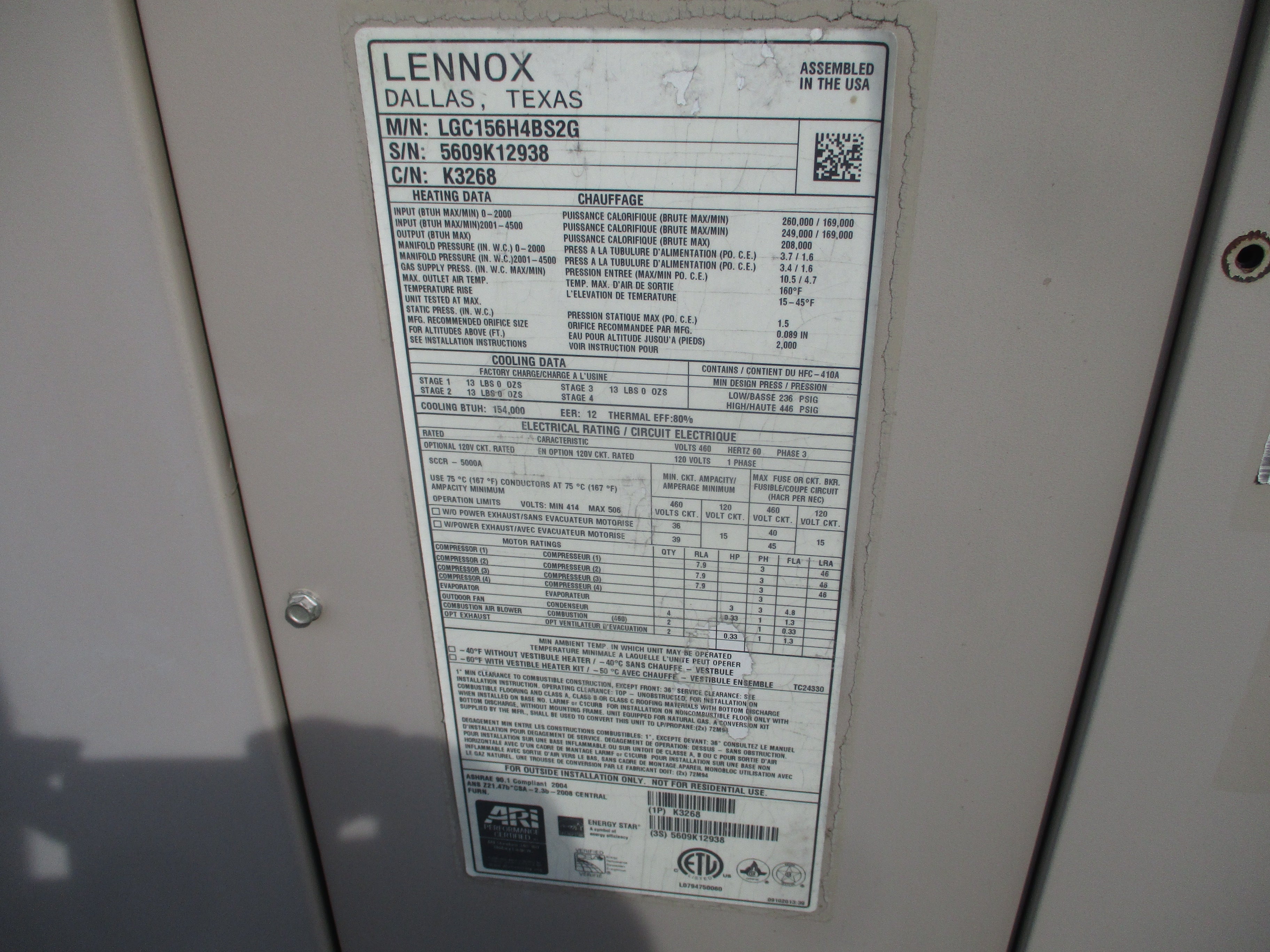 Lennox Rooftop Unit LGC156H4BS2G 12.5 Ton 460V 249.000BTU R410A 46KW 2009 MFD Natural Gas Heat Used