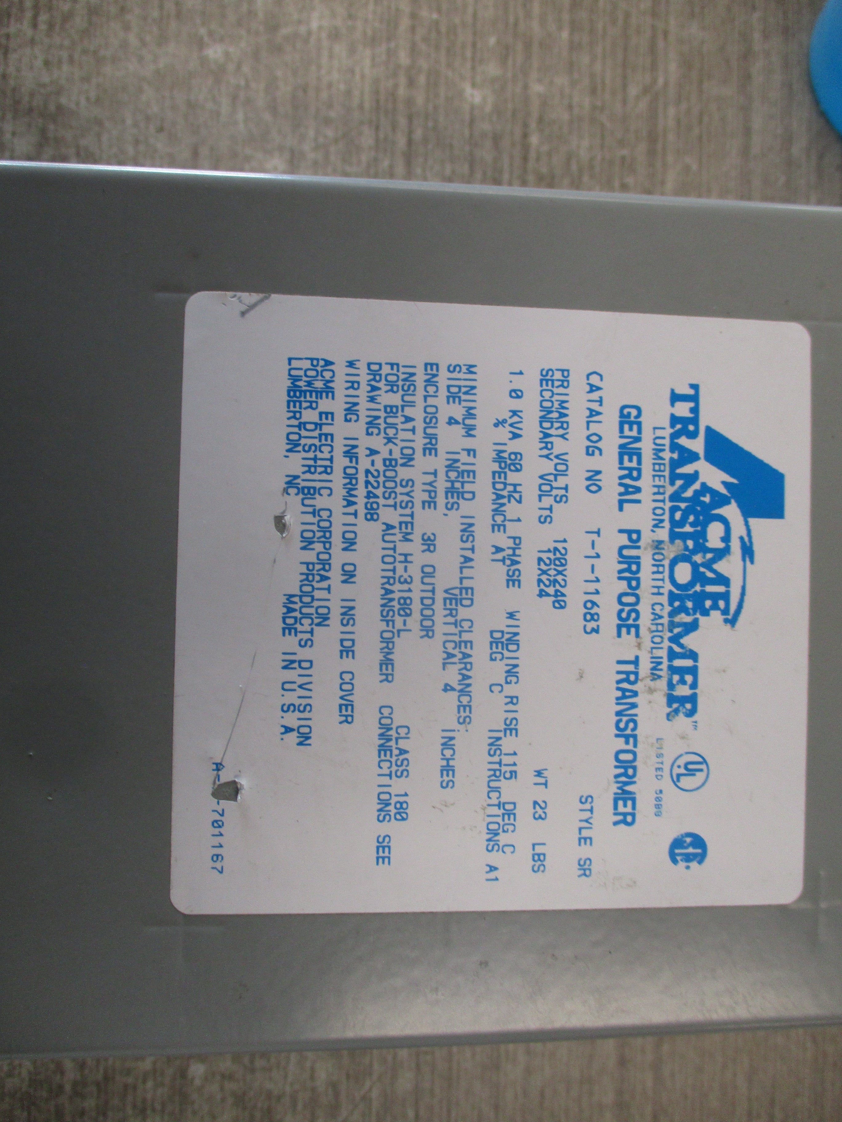 Acme Transformer 3R Transformer T-1-11683 1KVA Pri; 120/240V Sec: 12/24V 60Hz 1Ph Used