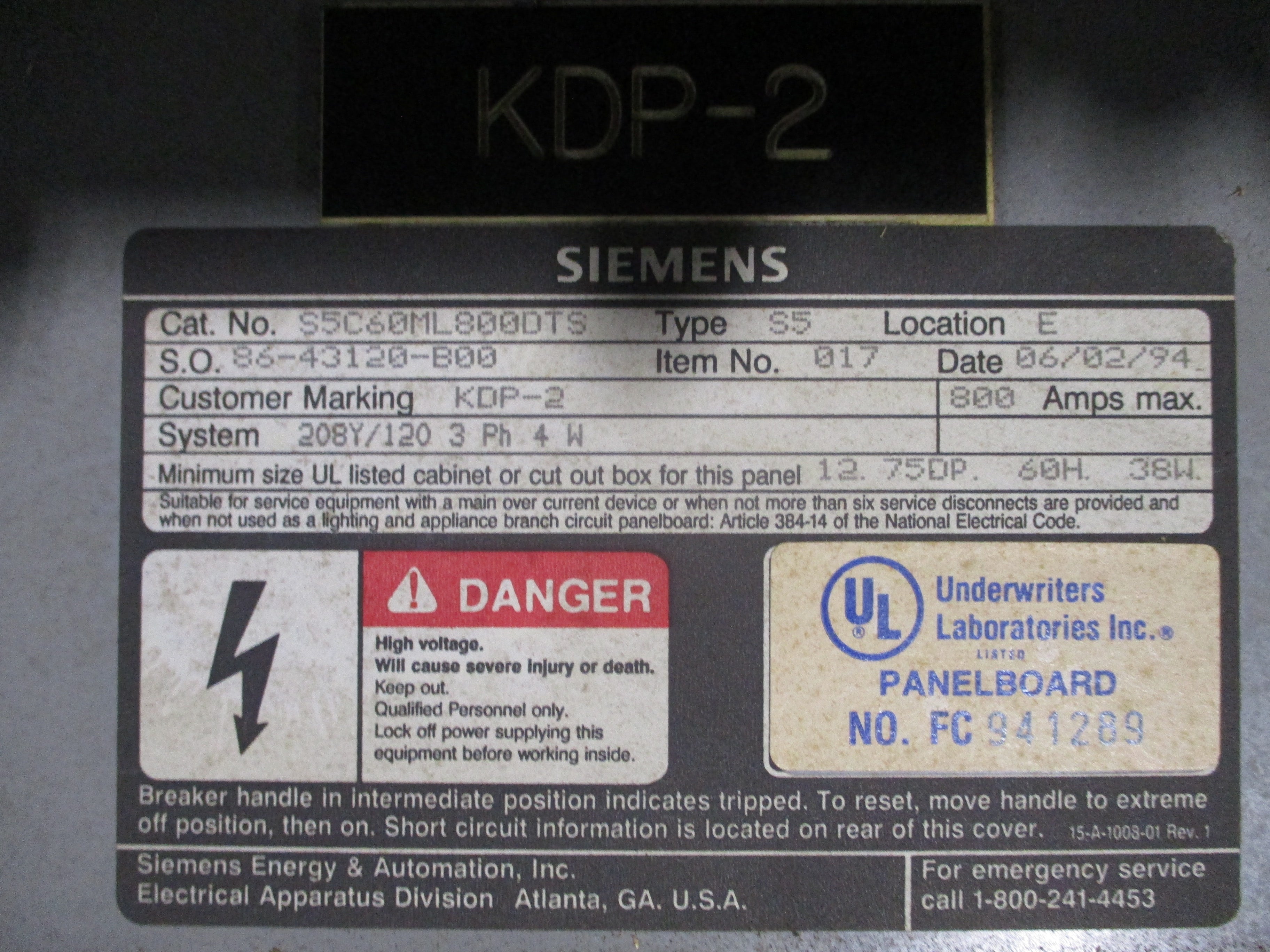 Siemens S5C60ML800DTS 800A 208Y/120V 3Ph 4W Breakers: (1) 100A (5) 225A Used