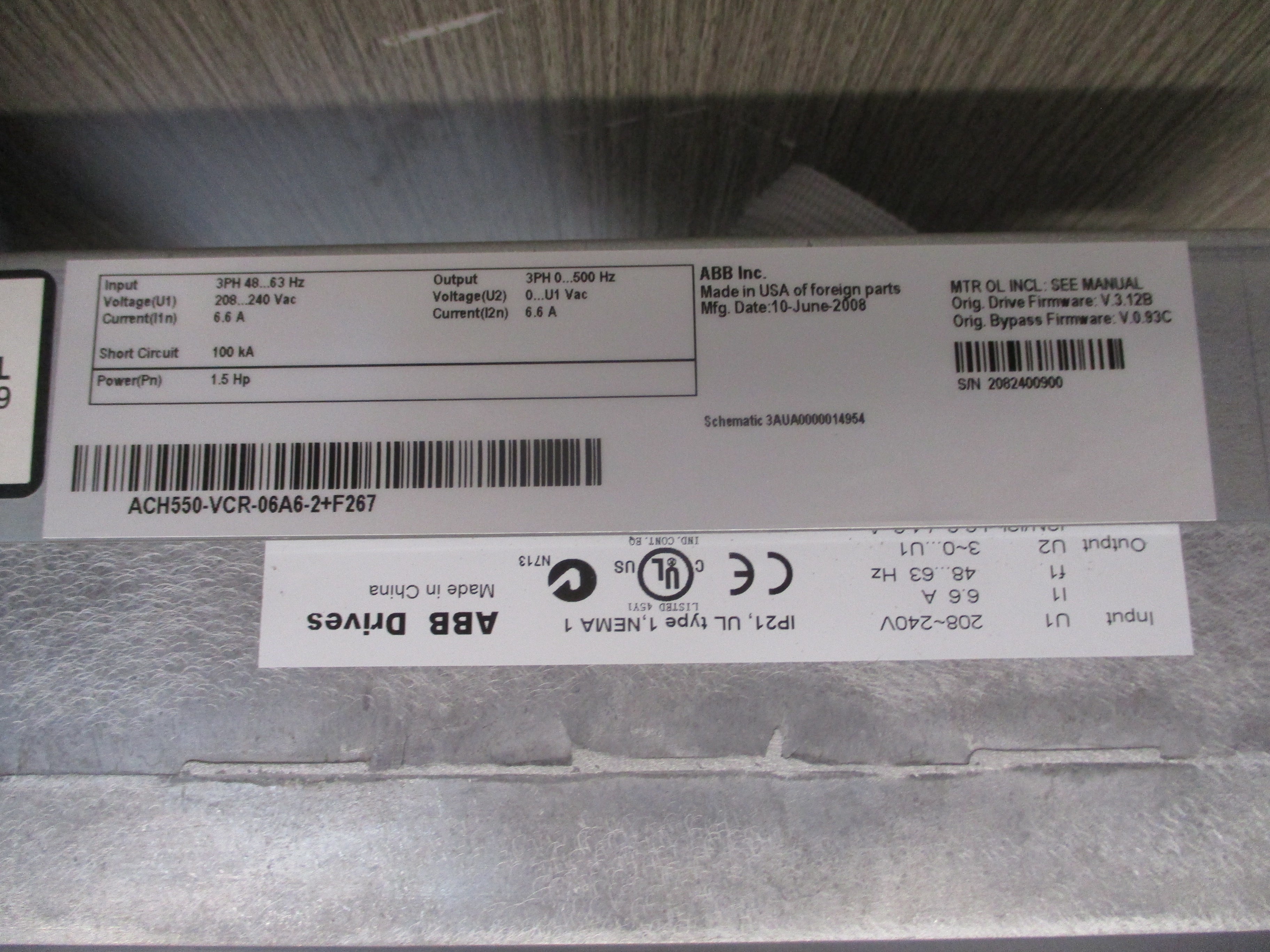 ABB ACH550-AC Drive W/Bypass ACH550-VCR-06A6-2+F267 1.5HP 3Ph Input: 3PH 48-63Hz