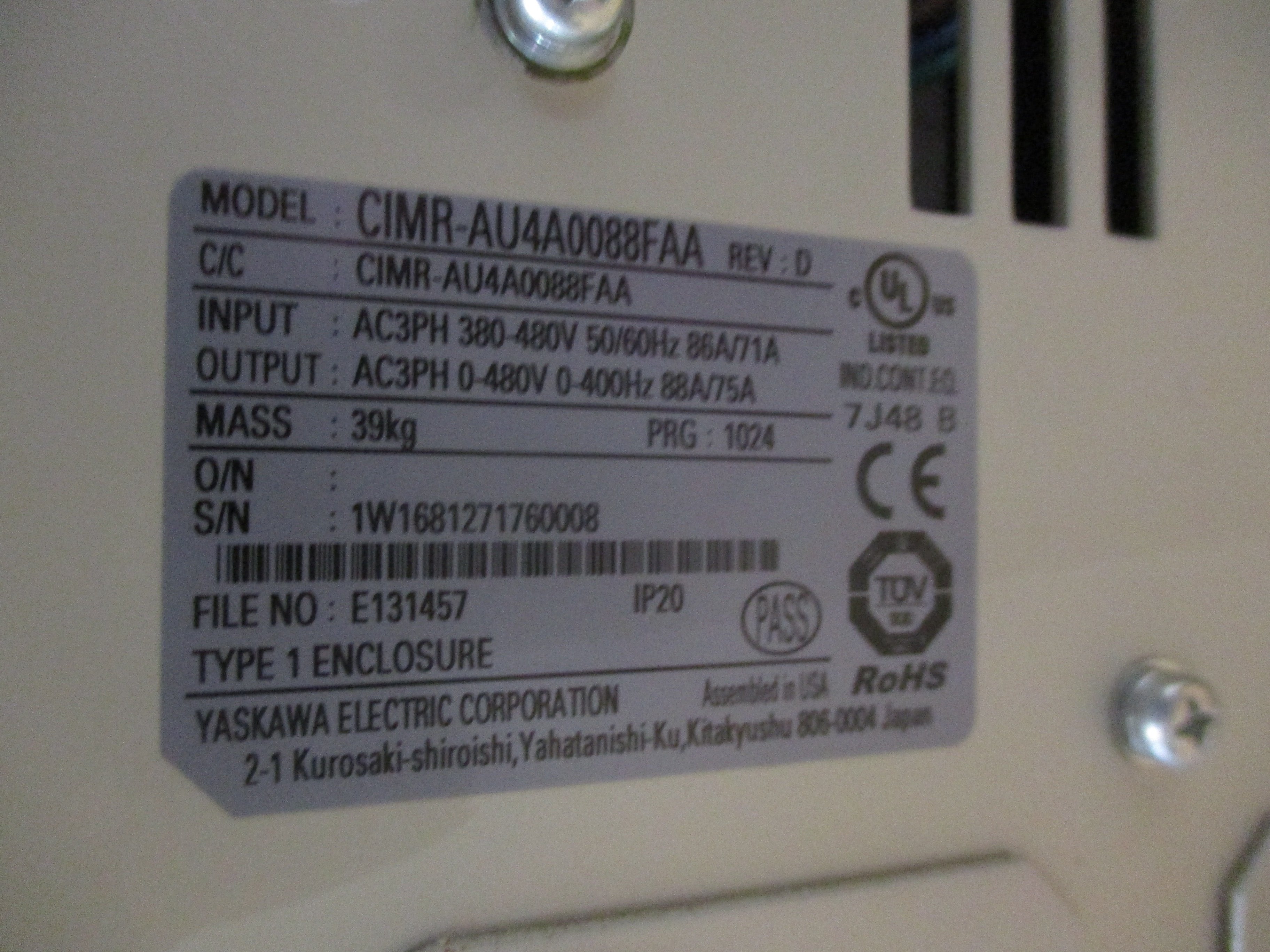 Yaskawa A1000 AC Drive CIMR-AU4A0088FAA 60HP 3Ph Input: AC3PH 380-480V 50/60Hz 8
