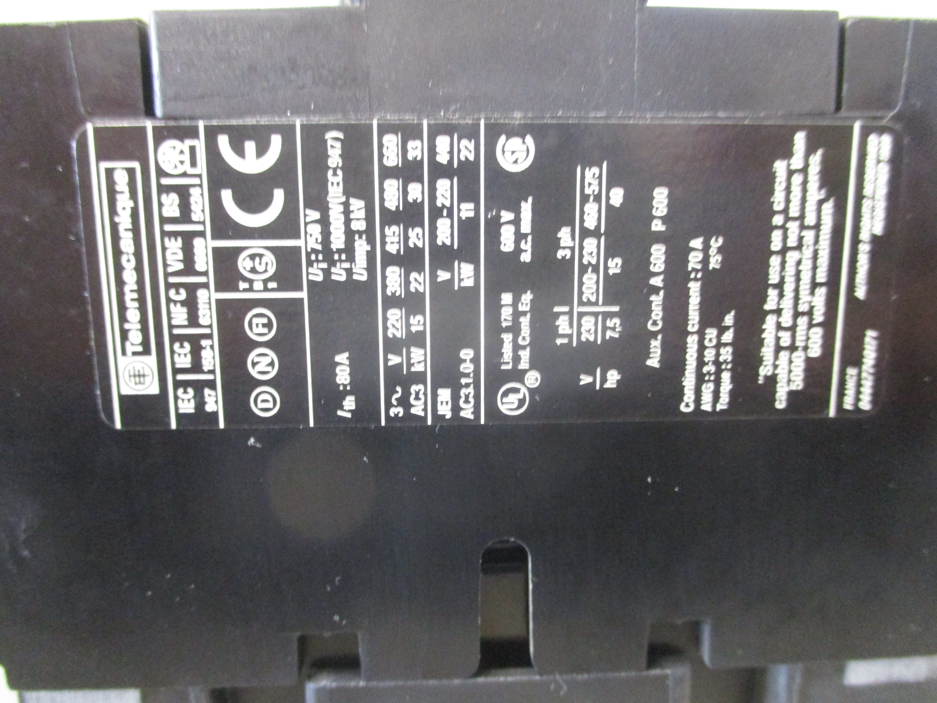 Telemecanique Reversing Contactor LC1 D50 11 120V Coil 70A 600V W/(1) Aux Contact Block Used