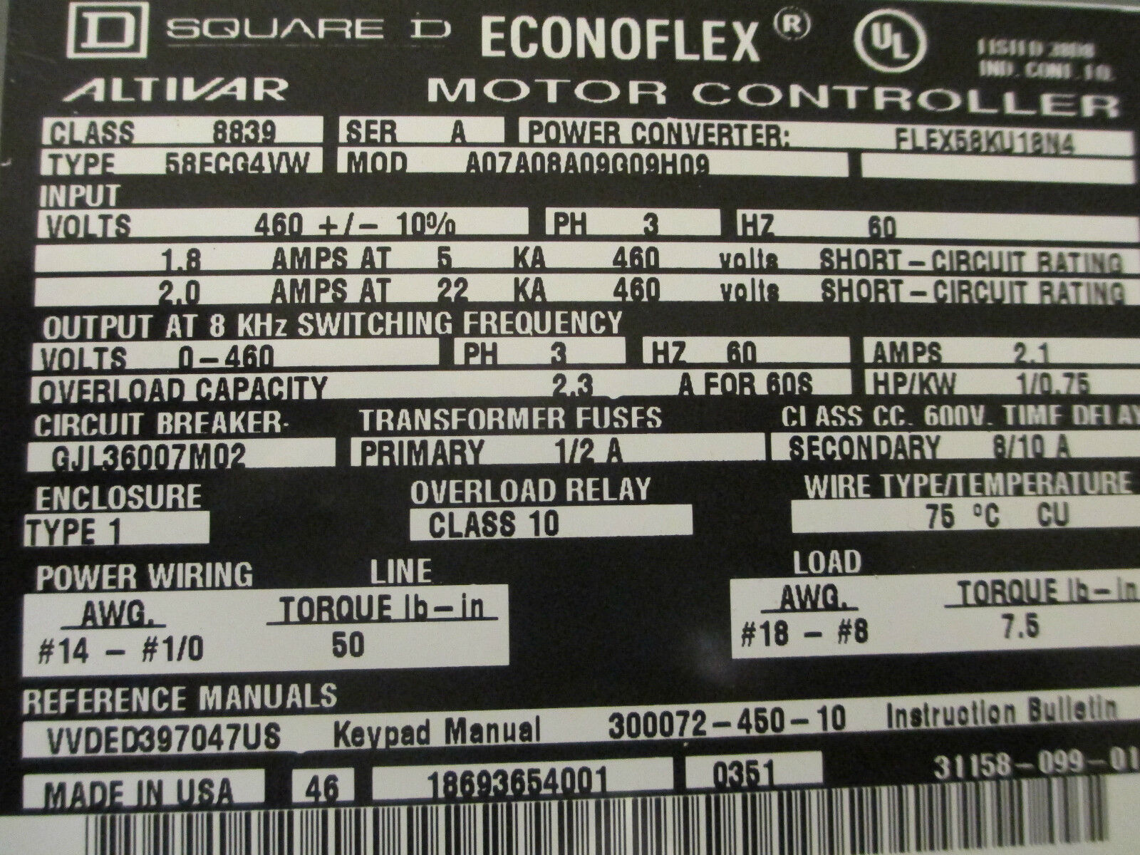 Square D EconoFlex FLEX58KU18N4, 460V, 2.1A, 1HP, .75KW Used