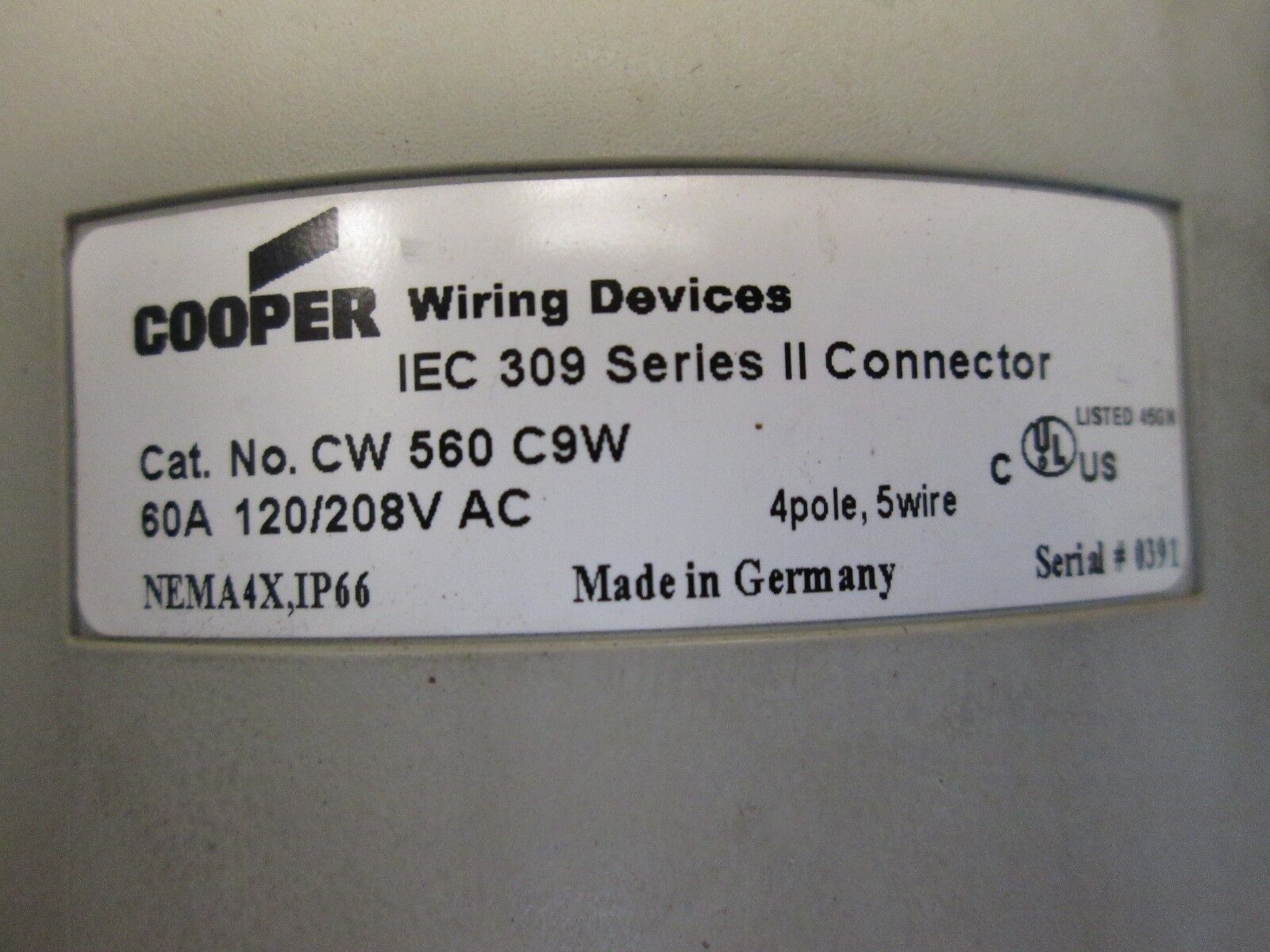 Cooper Receptacle CW560C9W 60A 120/208VAC 4P 5W NEMA 4X Rated