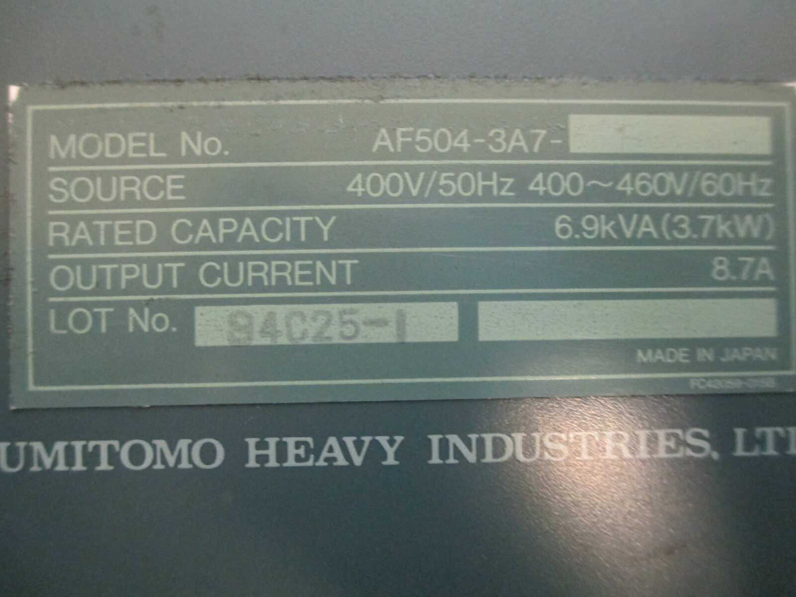 Sumitomo Transistor Inverter AF-500, AF504-3A7, 8.7A 460V 5HP