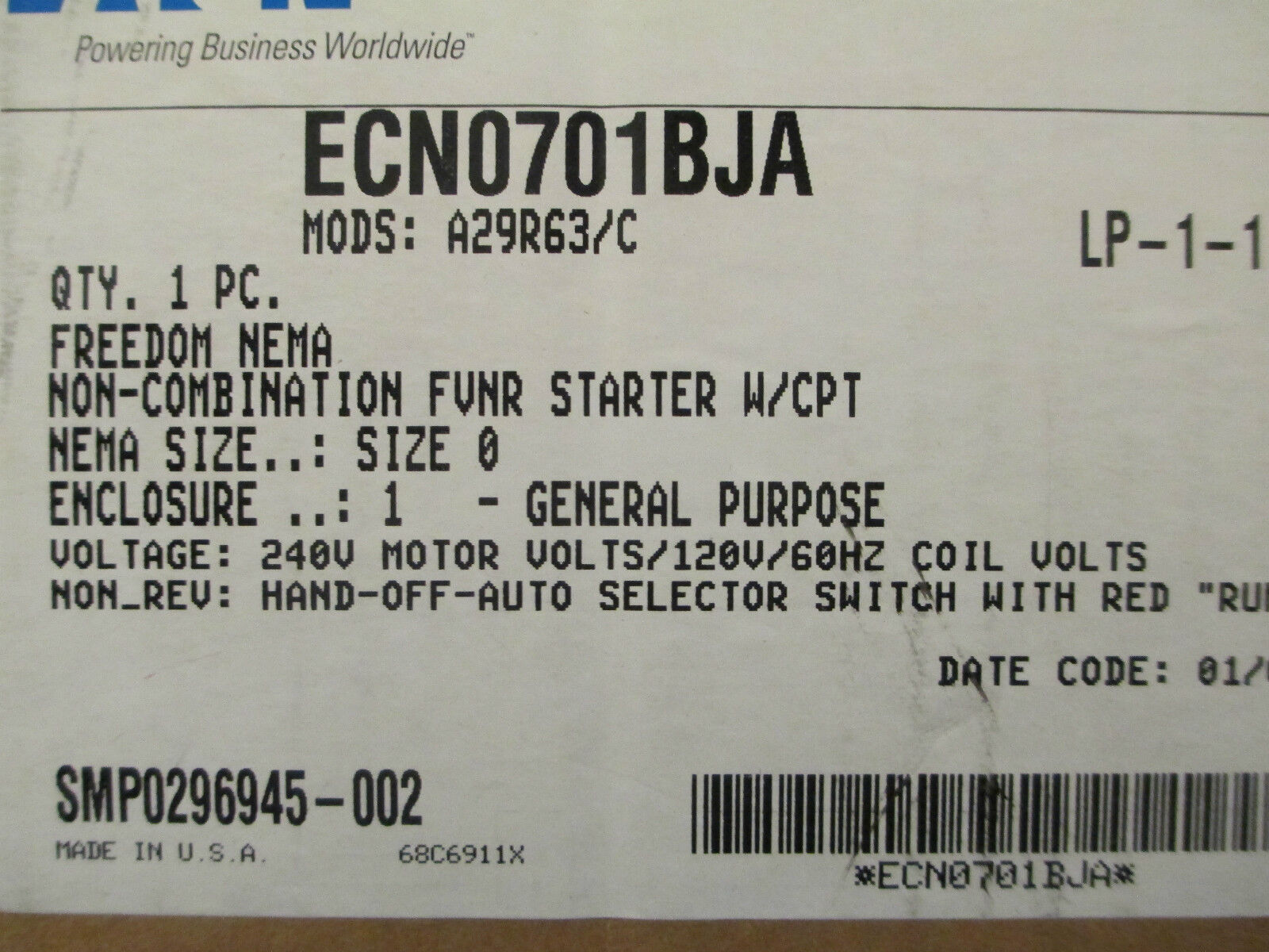 Cutler-Hammer Enclosed Starter ECN0701BJA With CPT New Surplus