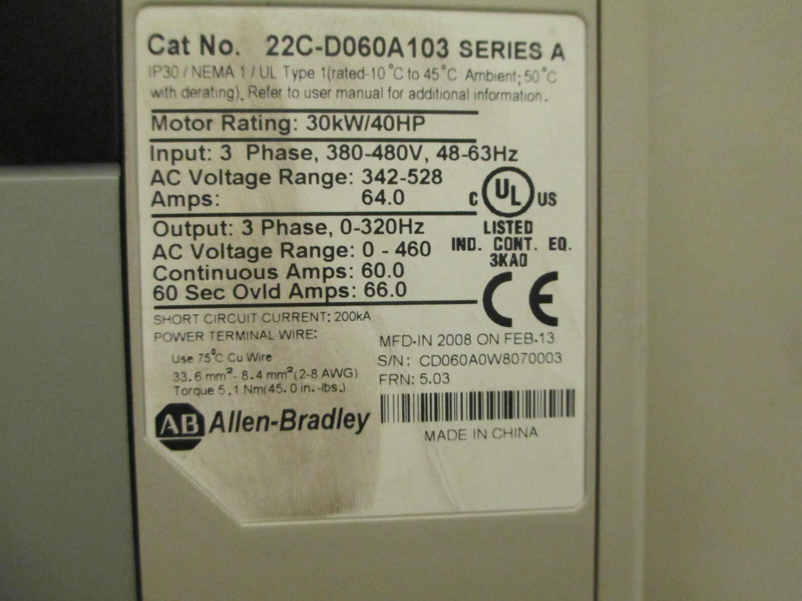 Allen-Bradley PowerFlex 400 AC Drive w/ Bypass 22C-D060A103 40HP 3Ph Used