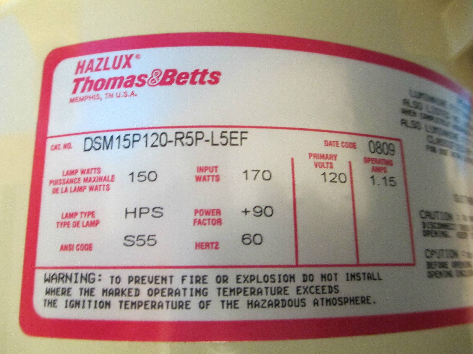 Thomas & Betts Hazlux Hazlite M3 DSM15P120-R5P-L5EF, 150W New Surplus