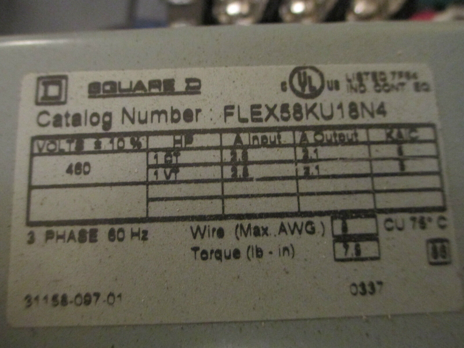 Square D EconoFlex FLEX58KU18N4, 460V, 2.1A, 1HP, .75KW Used