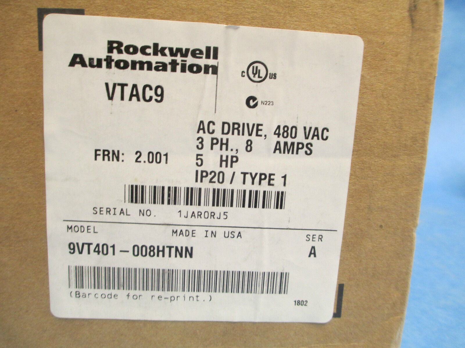 Rockwell AC Drive 9VT401-008HTNN, 5HP 8A 3PH, New Surplus