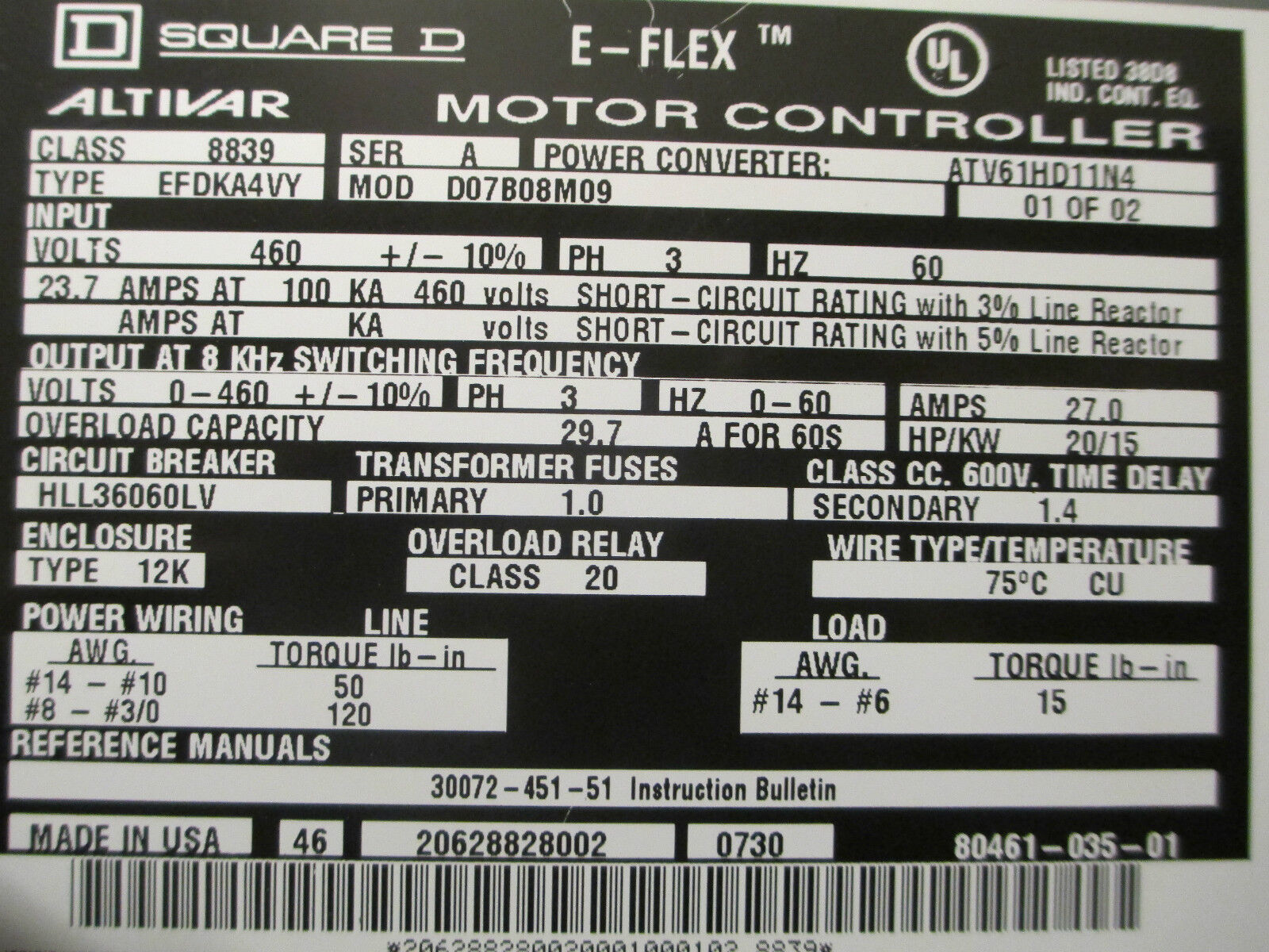 Square D E-Flex Motor Controller ATV61HD11N4 15HP 15 KW 27A 460V Used