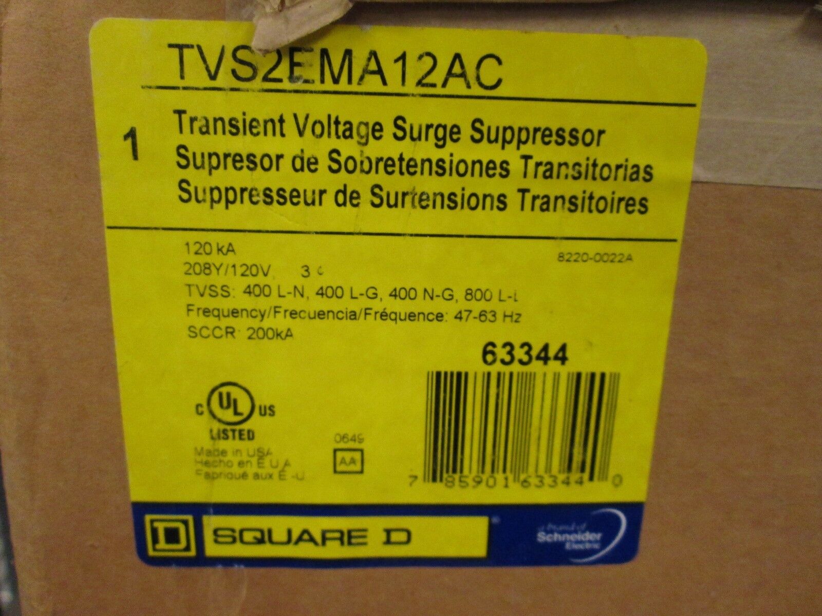 Square D Transient Voltage Surge Suppressor TVS2EMA12AC 120 KA 208/120 V 3 PH