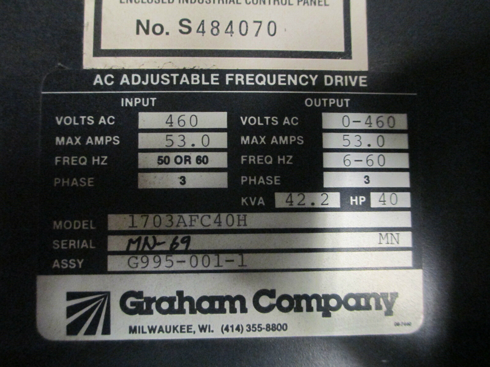 Graham AC Drive 1700 Series, 1703AFC40H, 460V 53A 42.2KVA 40HP Used