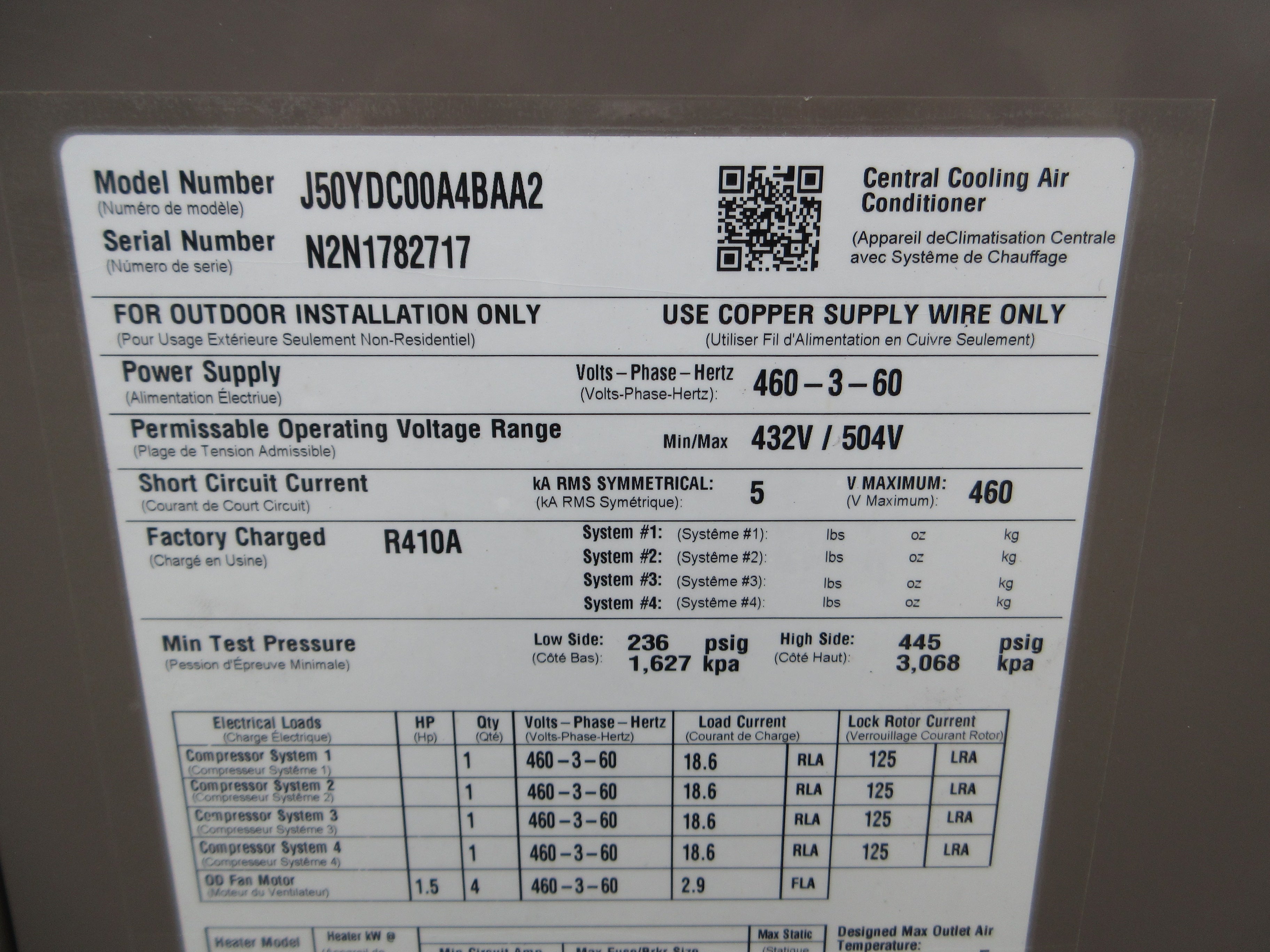Johnson Controls Split System Condensing Unit J50YDC00A4BAA2 50 ton 460V Used