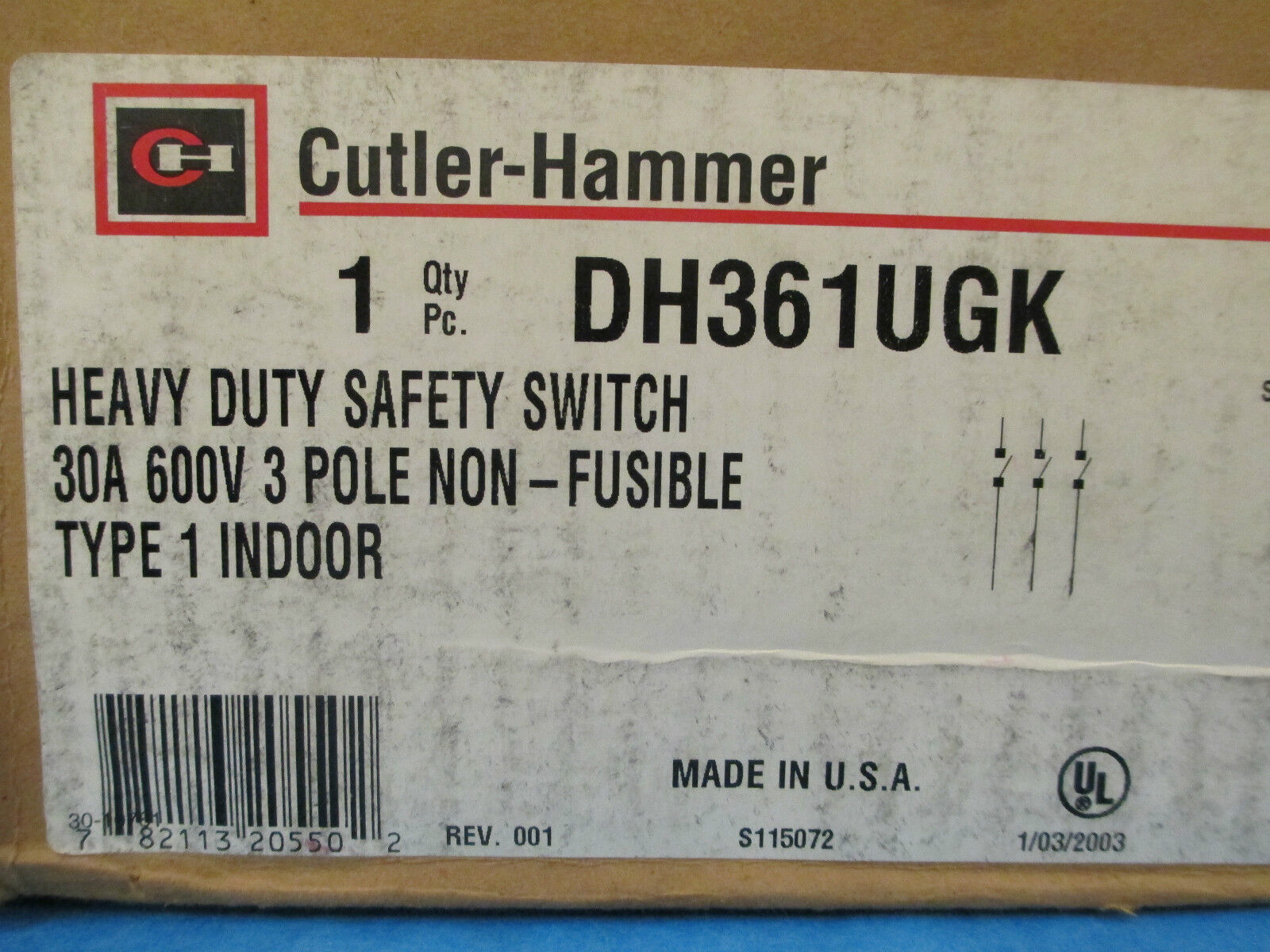 Cutler-Hammer Non-Fusible Safety Switch DH361UGK 30A 600V 3P Type 1 New Surplus