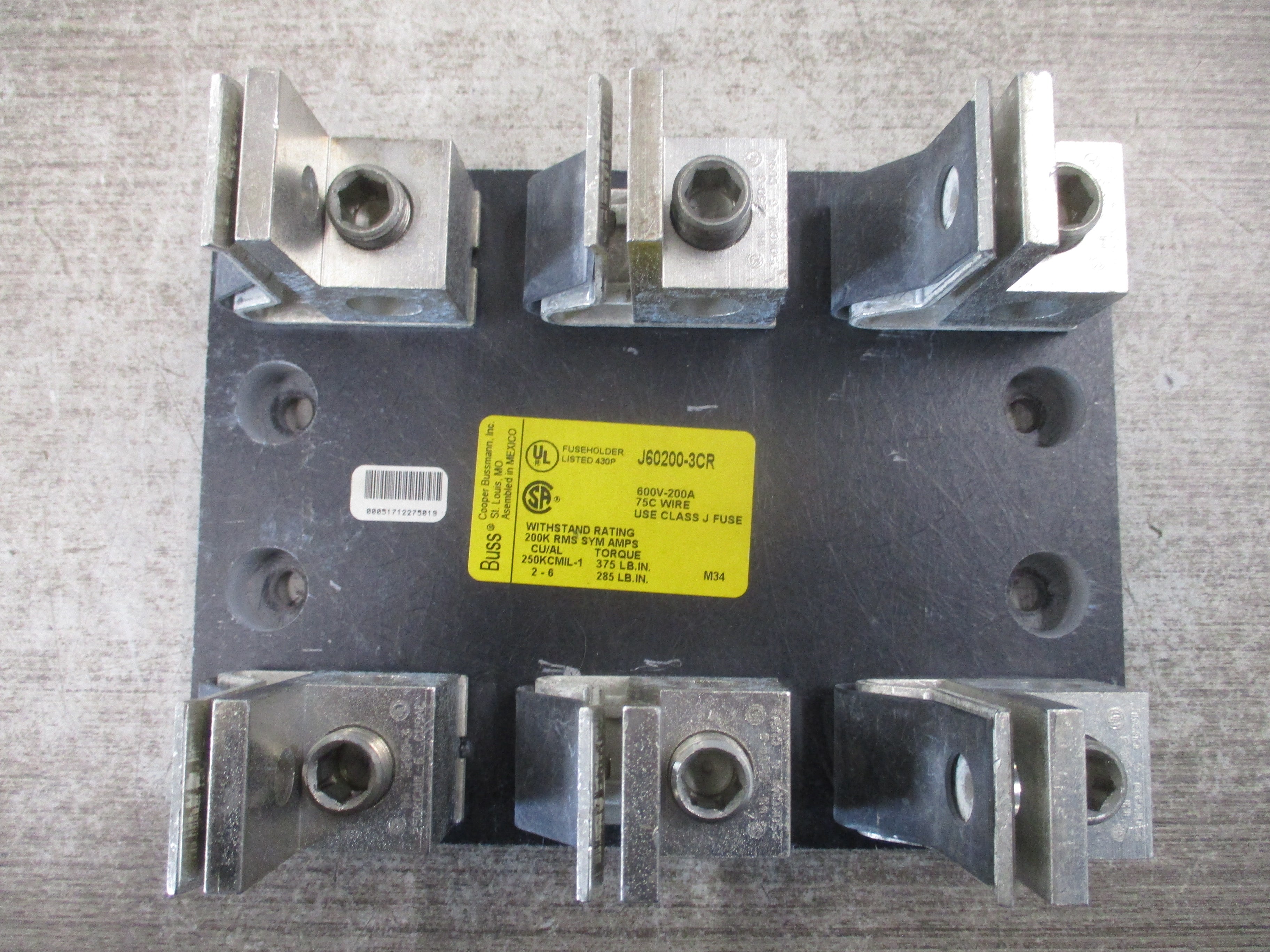 Cooper Bussmann Buss Fuse Block J60200-3CR 200A 600V 3P Used