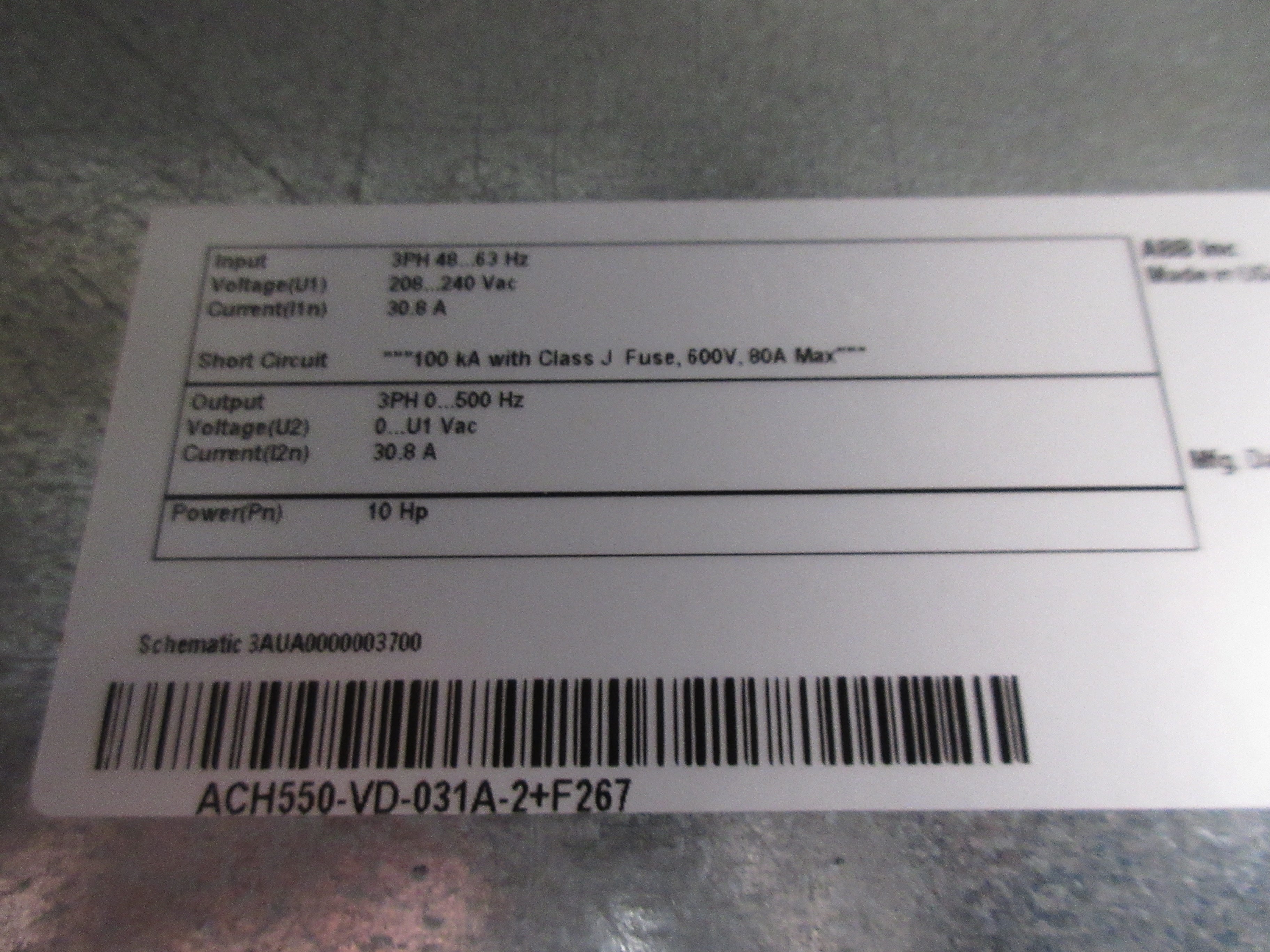 ABB ACH550 AC Drive w/ Bypass ACH550-VD-031A-2+F267 10HP 3Ph w/ Keypad Used