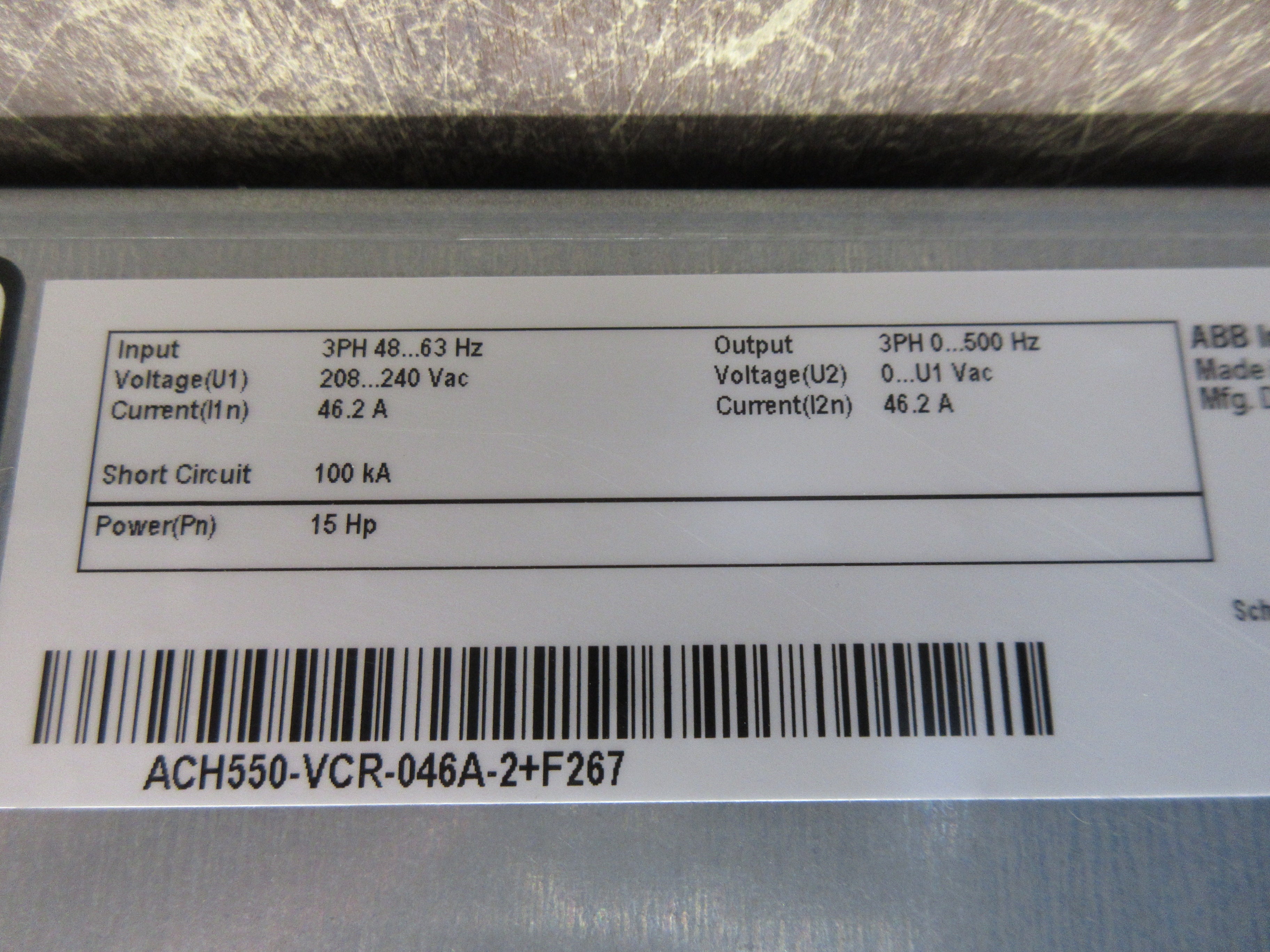 ABB ACH550 AC Drive w/ Bypass ACH550-VCR-046A-2+F267 15HP 3Ph w/ Keypad Used