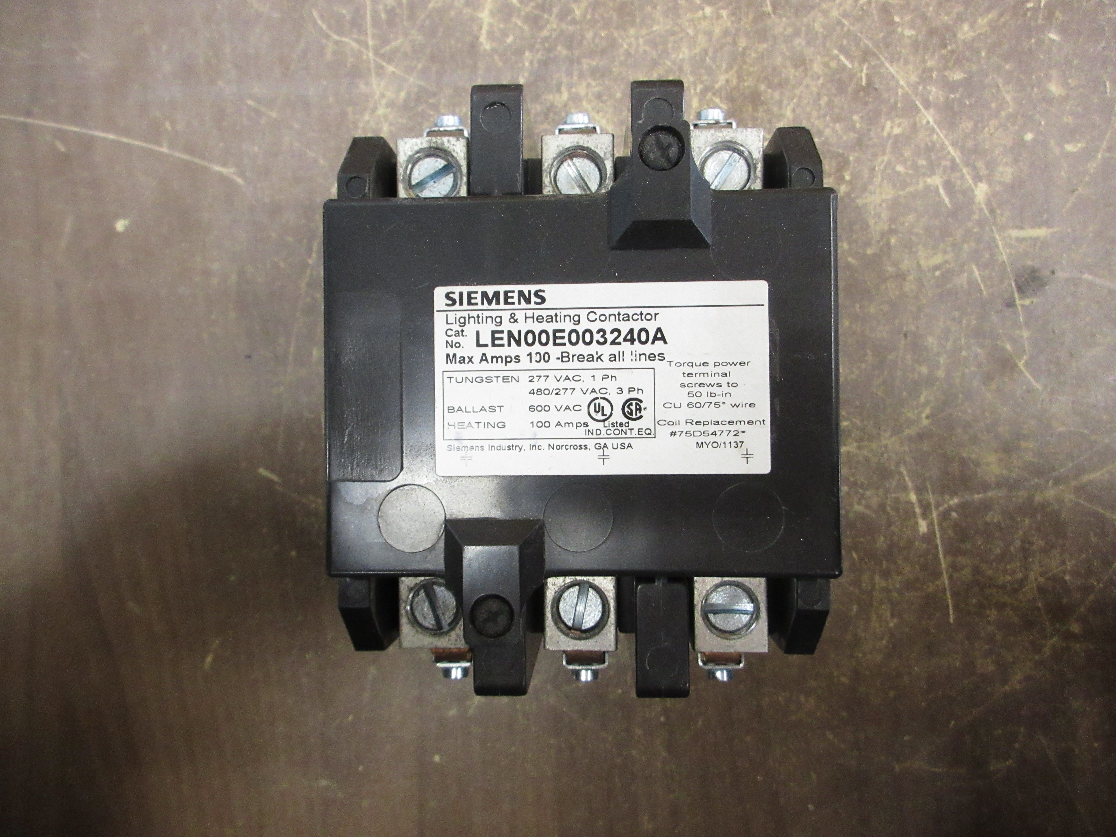 Siemens Lighting & Heating Contactor LEN00E003240A 208/240V Coil 100A 600V Used