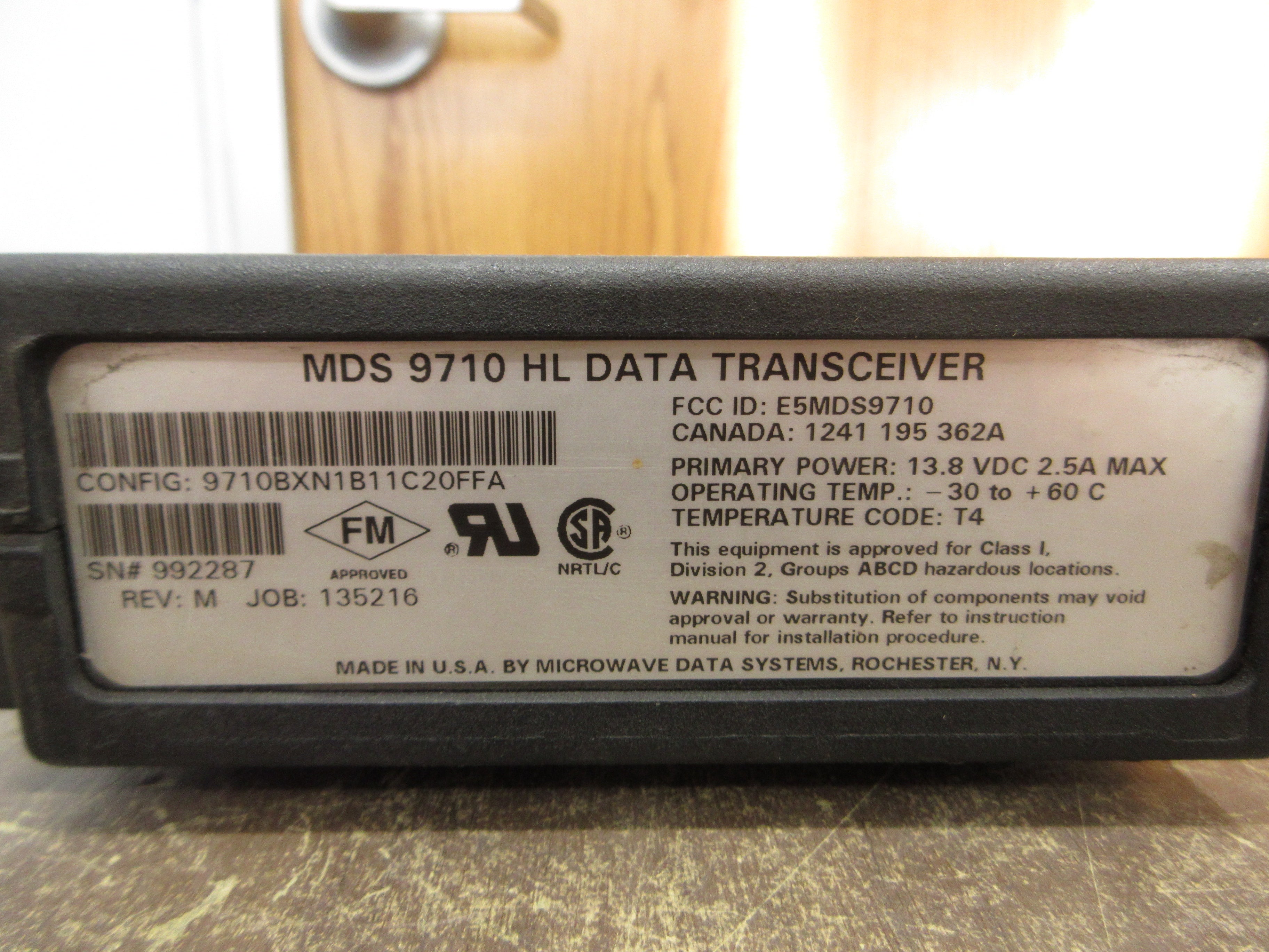 Microwave Data Systems HL Data Transceiver MDS 9710 Rev. M 13.8VDC 2.5A Used