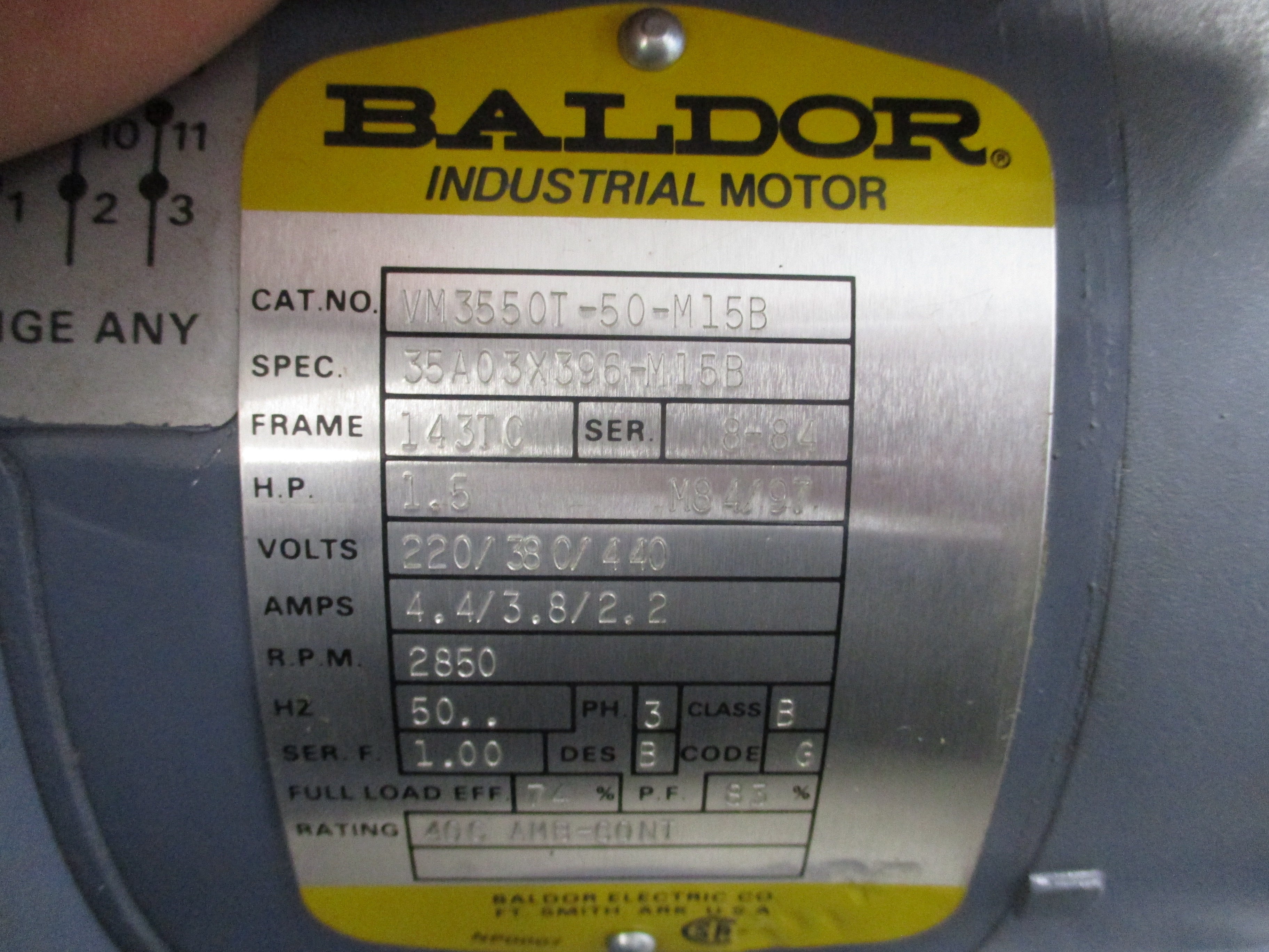 Baldor Motor 35A03X396-M15B Modified 1.5HP 220/380/440V 4.4/3.8/2.2A 1800RPM