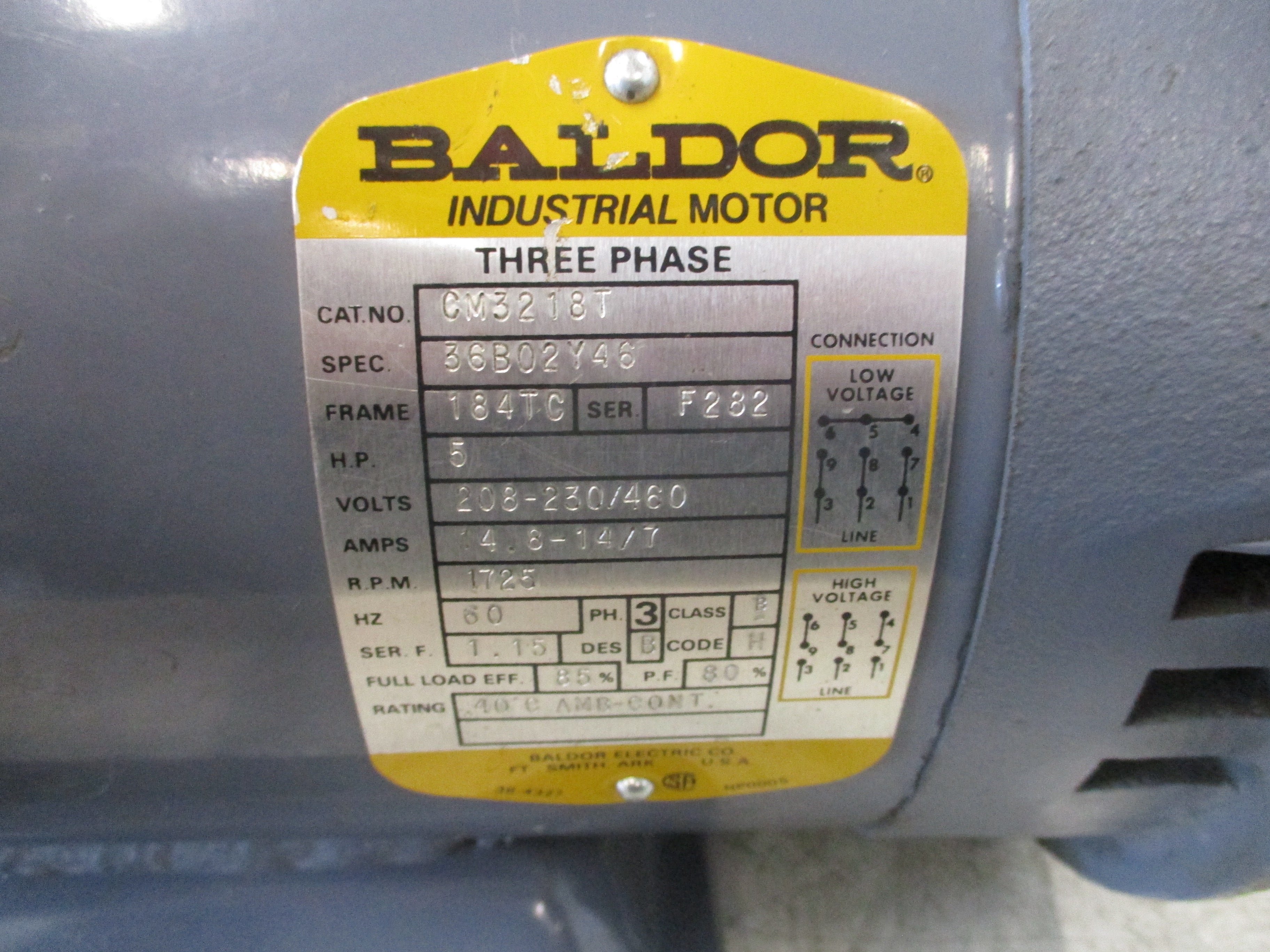 Baldor Motor CM3218T 5HP 208-230/460V 14.8-14/7A 1800RPM 60Hz 3Ph Frame: 184TC